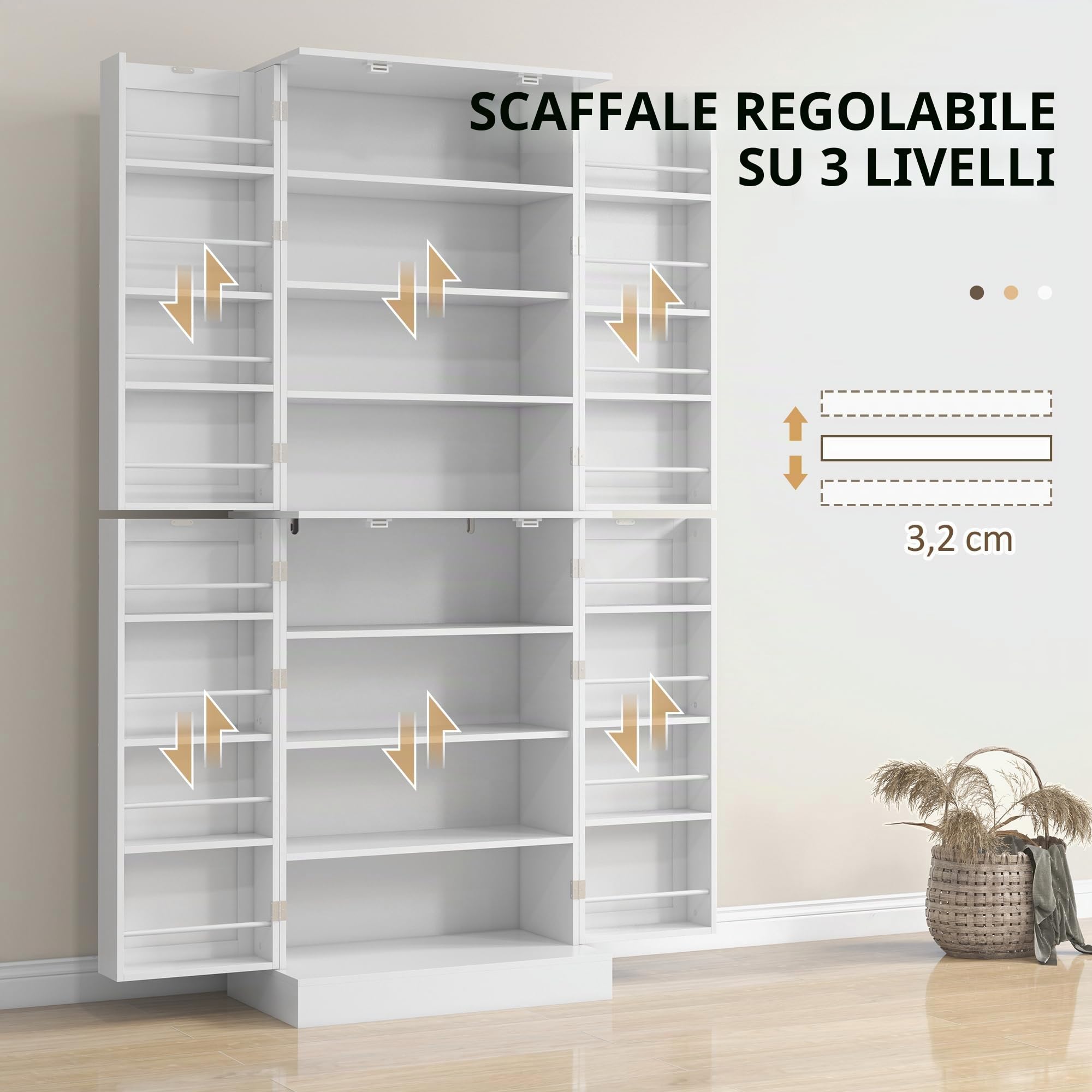HOMCOM Armadio da cucina credenza cucina cucina stoviglie armadio stile moderno con armadietti, mensola regolabile e porta spezie per sala da pranzo, soggiorno, 60 x 35 x 166 cm, bianco