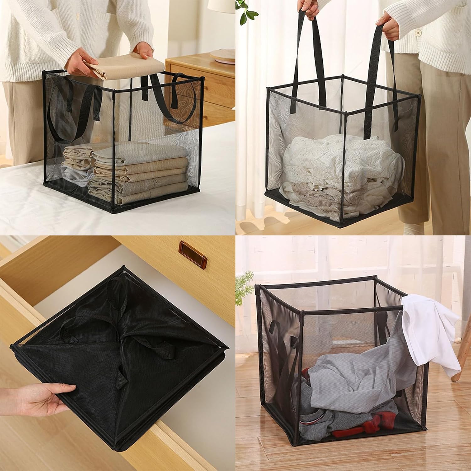 Mesh Laundry Hamper Bag with Handles Portable & Collapsible Dirty Clothes Mesh Basket Foldable for Washing Storage