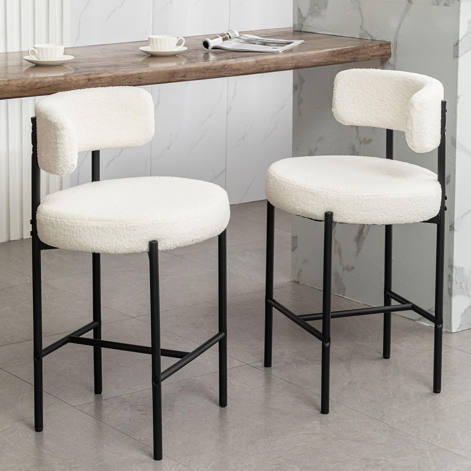 Canxkun Boucle Bar Stools Set of 2, 24" Modern Counter Stools with Backs, White Upholstered Bar Stools for Kitchen Island, Bar, Cafe