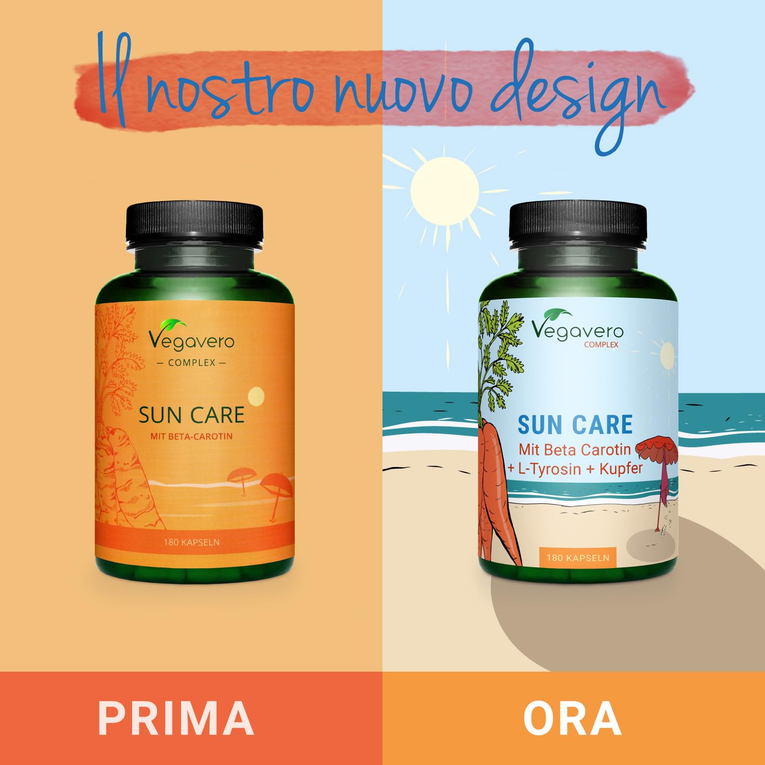 Integratore ABBRONZATURA Vegavero® | 180 capsule | Attivatore Melanina* | con Betacarotene, Vitamina E (Tocoferolo), L-Tirosina, Oleuropeina, Rame e Zinco | Vegan