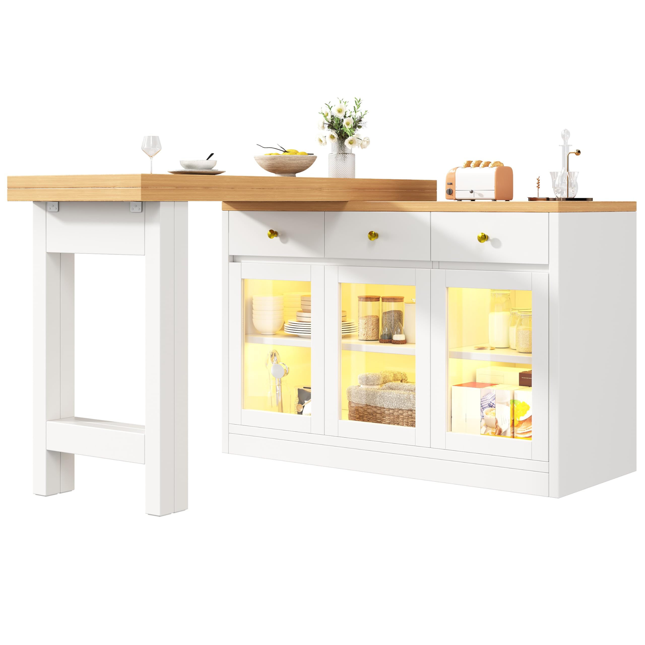 Isola da cucina, credenza, isola da cucina allungabile con illuminazione a LED, 120-200 cm, 3 cassetti e ante in vetro, controllo app, bianco/nero (bianco)