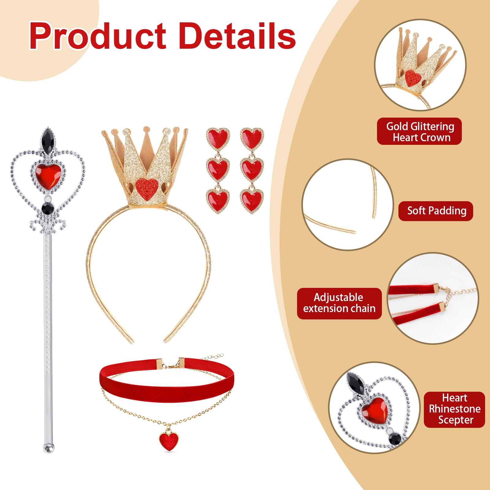 Spinosaurus 4 Pcs Queen of Hearts Accessories Sets,Gold Crown Headband Red Hearts Earrings Felt Choker Wand Fancy Dress Up Queen Costume Accessorie - Image 3