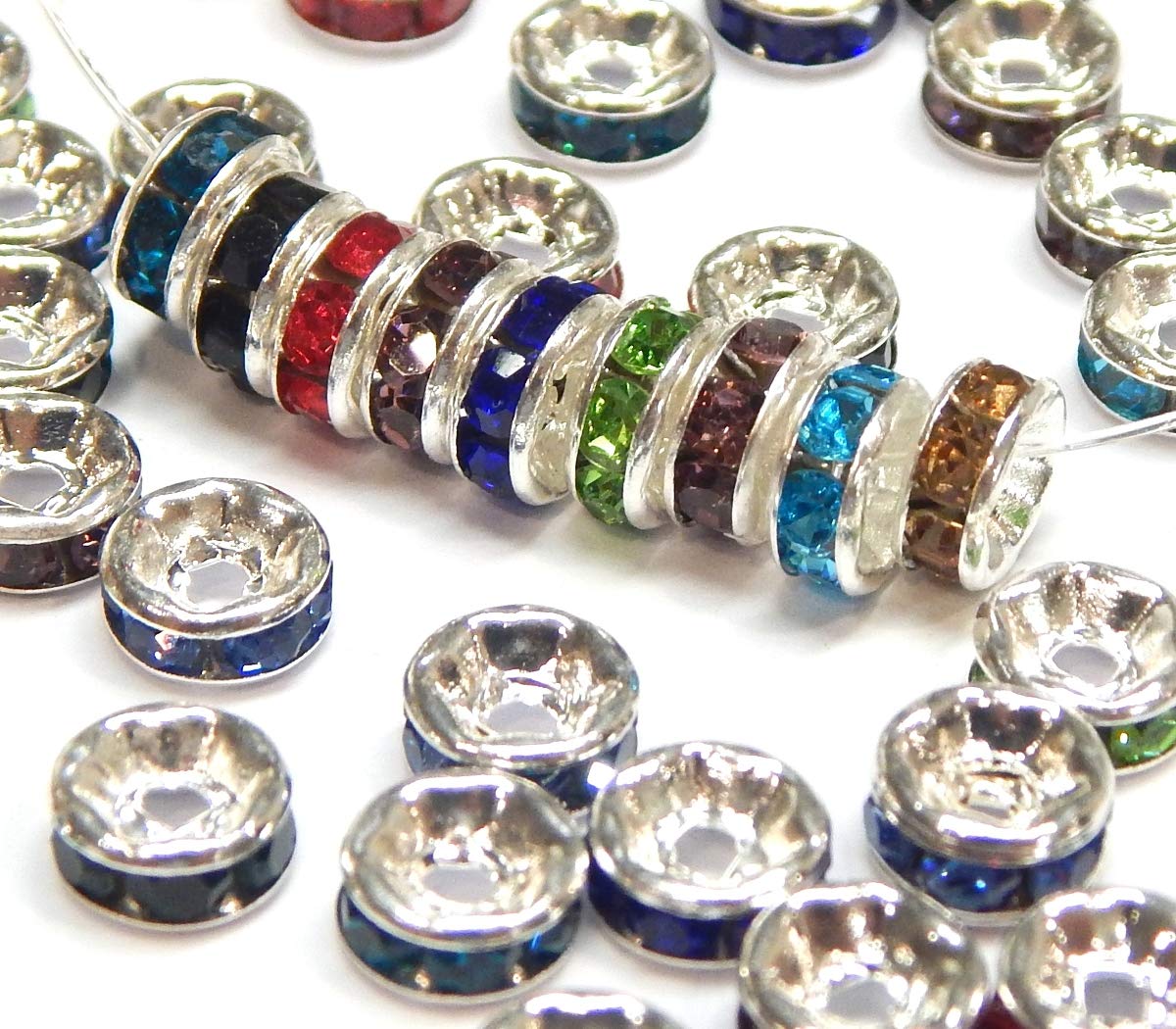 Pack of 50 Crystal Rhinestone Rondelle Mix Colourful Spacer Beads, 8 mm Spacer Beads, Metal Beads, Crystal Beads - Image 2