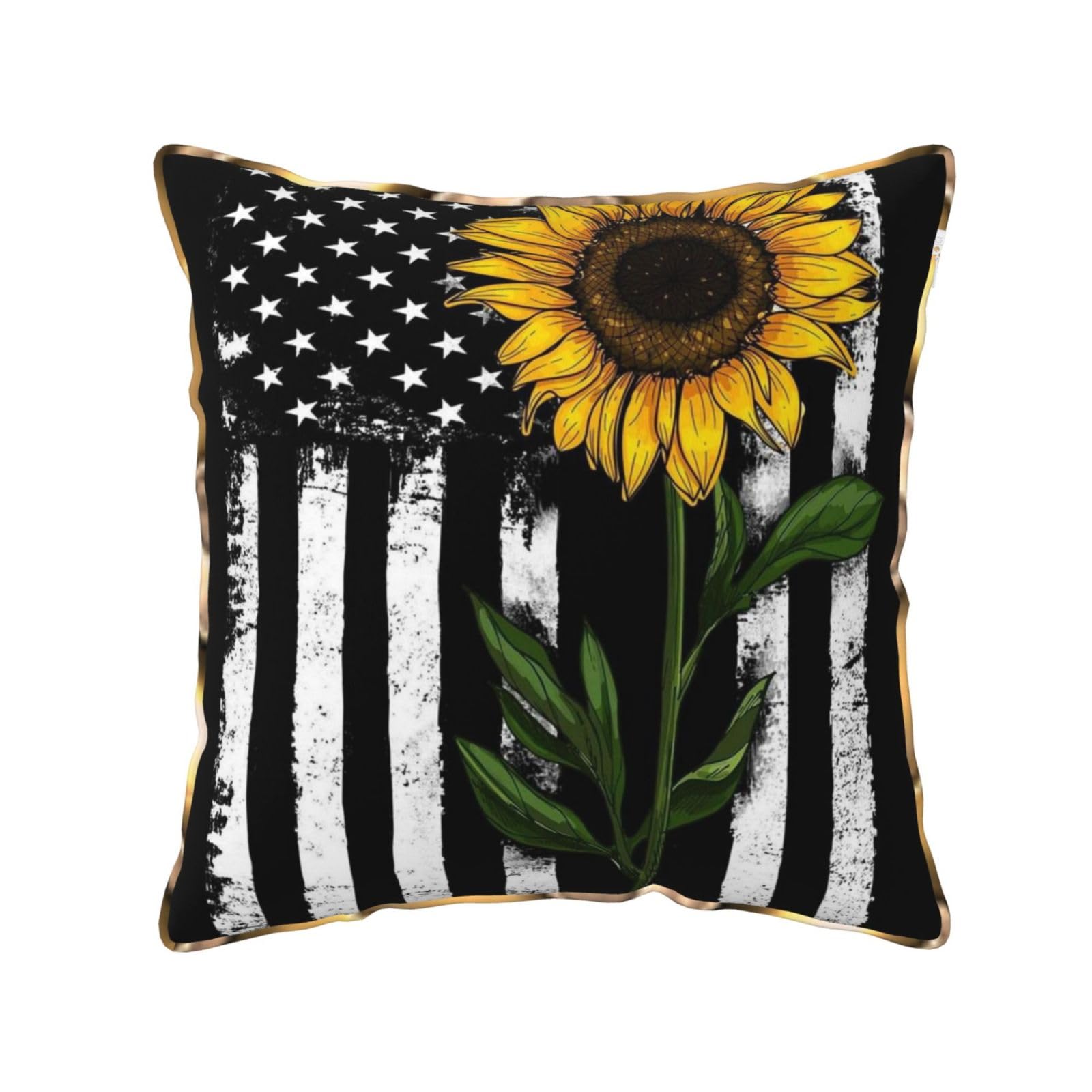 AUBKFELD Sunflower And American Flag Printed Velvet Cushion Cover 40x40 CM with Gold Edging Strip, Square Pillowcase Soft Throw Pillow Covers Case Decorative for Living Room Sofa Couch Bed Bench