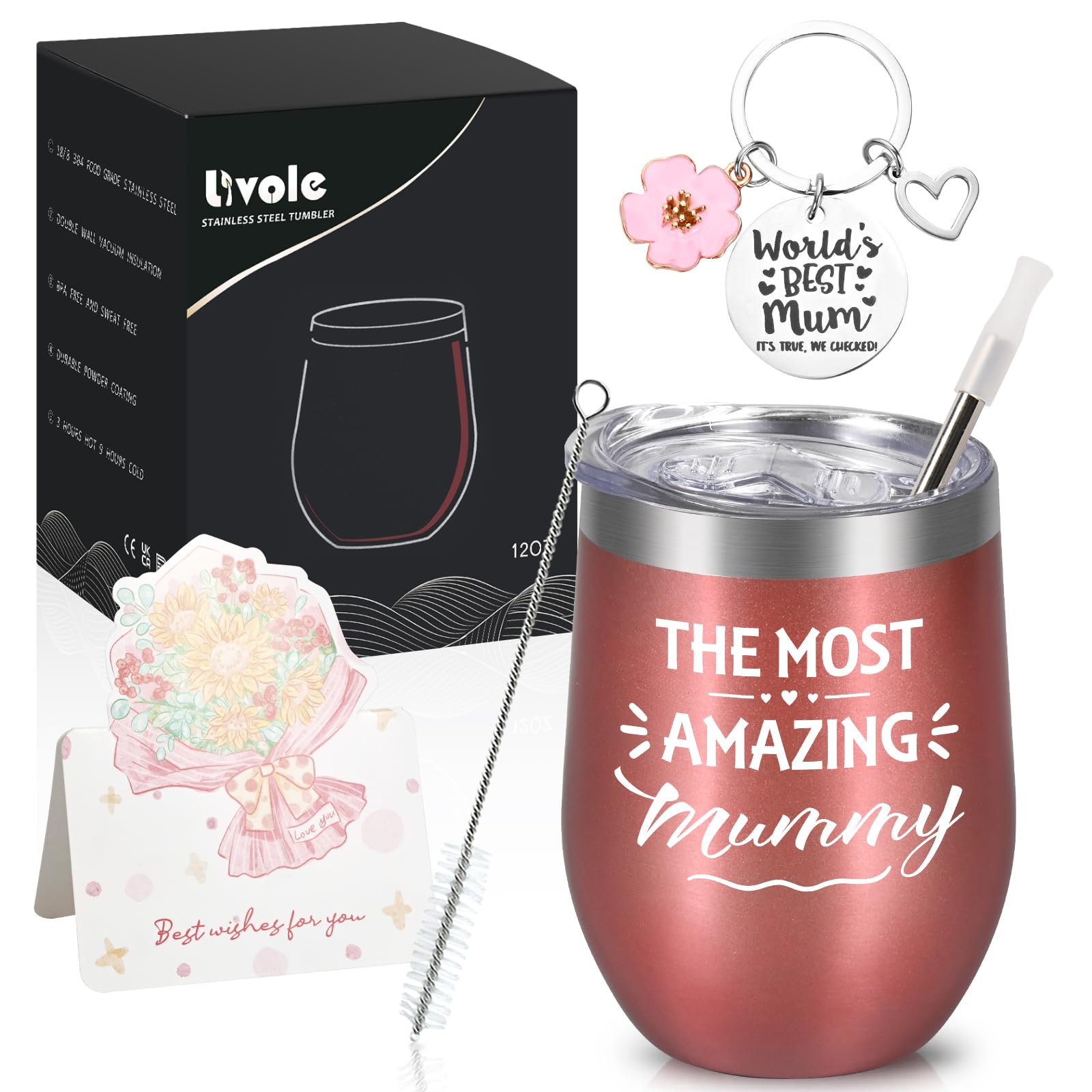 Livole Mothers Day Gifts from Daughter, Son, Mummy Mug, Mum Presents, The Most Amazing Mummy, Christmas Gifts for Mum on Her Birthday, 12oz Double Walled Travel Mug, 350ml Insulated Cup with Straw