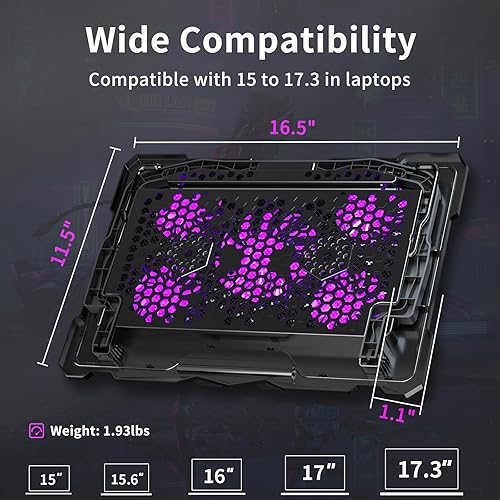 Miniatura 9 de AICHESON Almohadilla de enfriamiento para laptop de 15.6 a 17.3 pulgadas, 5 ventiladores con luces moradas, alfombrilla enfriadora de escritorio S035