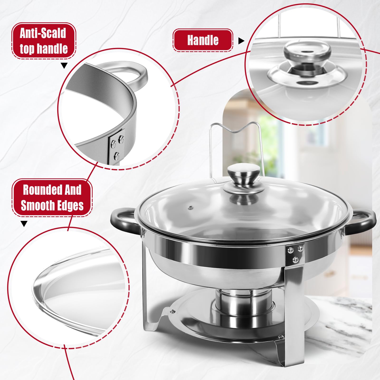 IMACONE Juego de 4 platos de roce redondos de acero inoxidable de 5 cuartos para catering, fogatas mejoradas y calentadores de buffet con tapa de vidrio y soporte, marco, soporte de combustible para