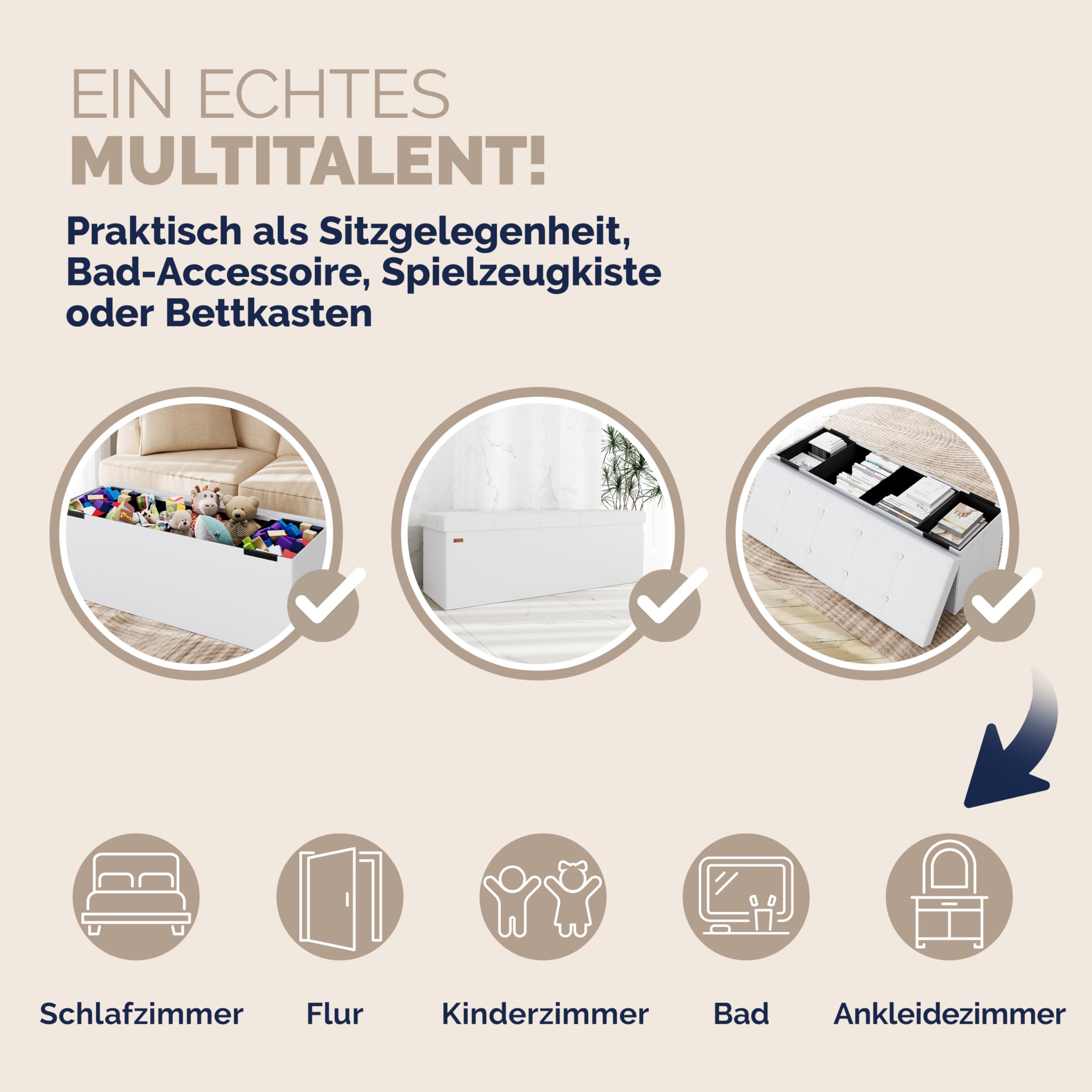 Casaria® Sitzbank mit Stauraum Faltbar Weiß 115x40x40cm Gepolstert Deckel Kunstleder Schlafzimmer Wohnzimmer Flur Sitztruhe Truhenbank Polsterbank