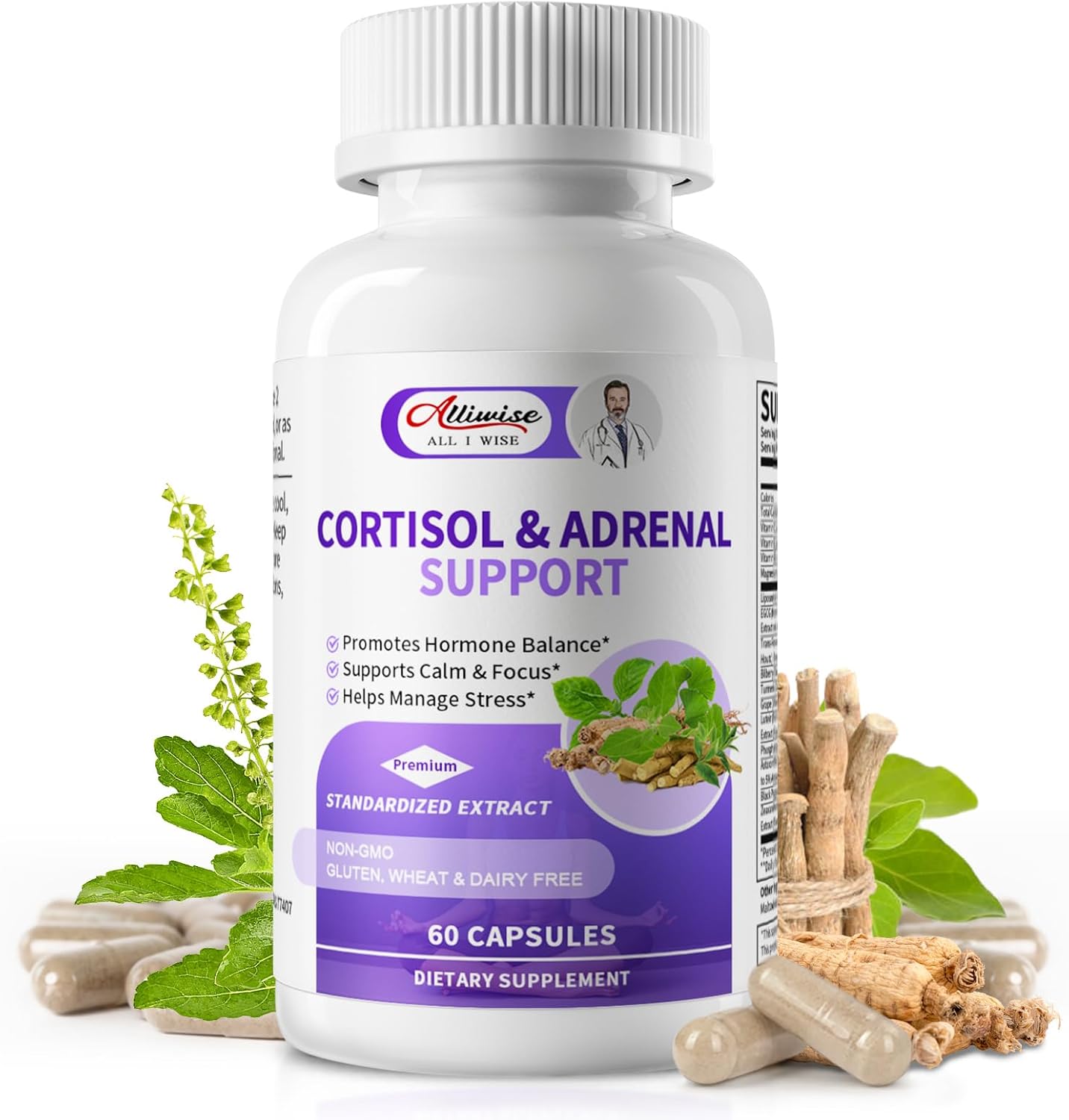 Cortisol Supplements for Women & Men - Adrenal Support with Ashwagandha, L-Theanine & Holy Basil for Stress Relief, Mood & Steady Focus - Hormone Balance - 60 Vegan Capsules