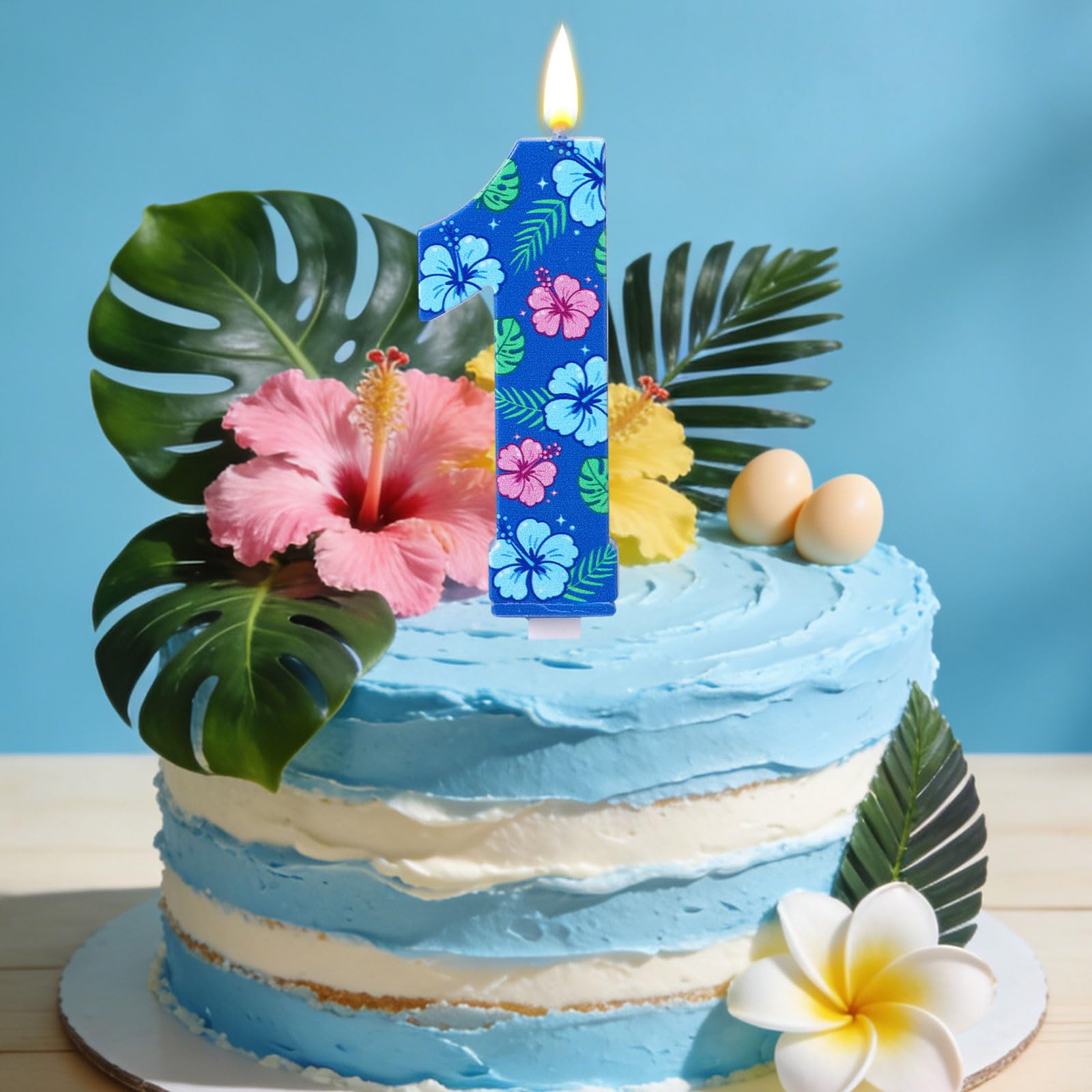 Bougie d'Anniversaire en Forme de Chiffre de Dessin Animé, Décoration Gâteau 3D Bleue Sur le Thème des Animés et d'Hawaï avec Motif Floral pour les Fêtes d'Enfants (Garçons et Filles) (Numéro 9) - 5