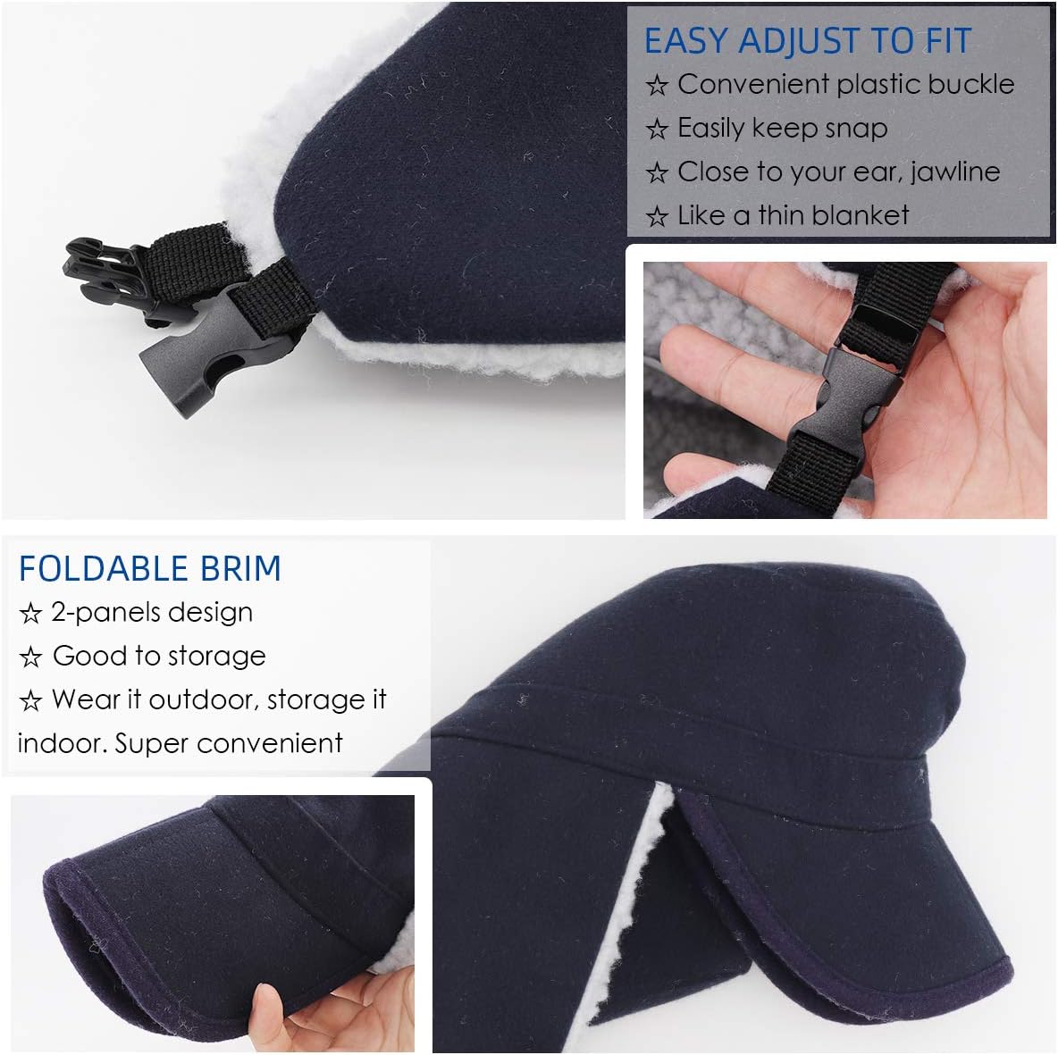 Gisdanchz Winter Wool Army Military Cadet Flat Top Radar Hat for Men Women Navy Blue Hunting Trapper Elmer Fudds Corps Hats Warm Baseball Cap with Earflaps Aviator Caps with Visor Navy Blue