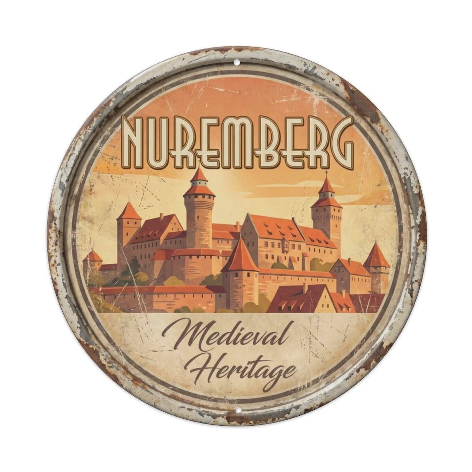 Vintage Travel Nuremberg Castle Germany Metal Tin Sign Plaque Wall Decor for Cafe, Club Bar, Office, Home Garden Round Metal Poster 8x8Inch