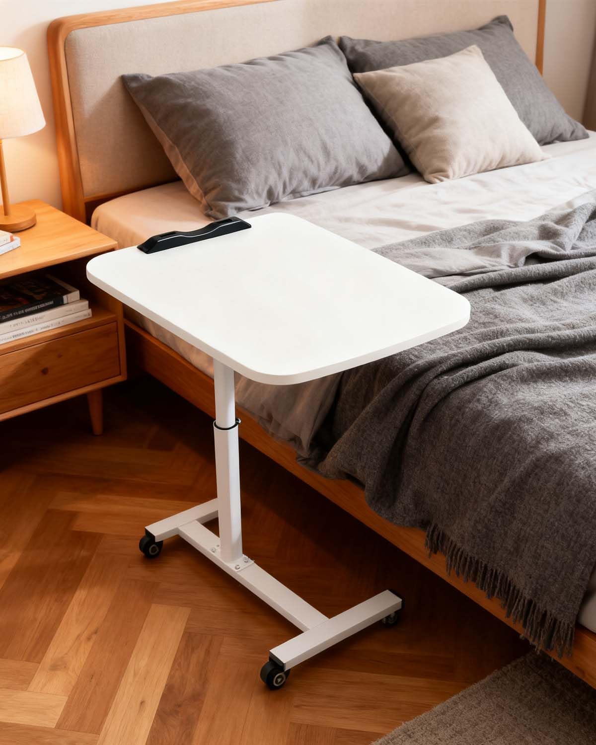 White Adjustable Rolling C-Shape TV Tray Table