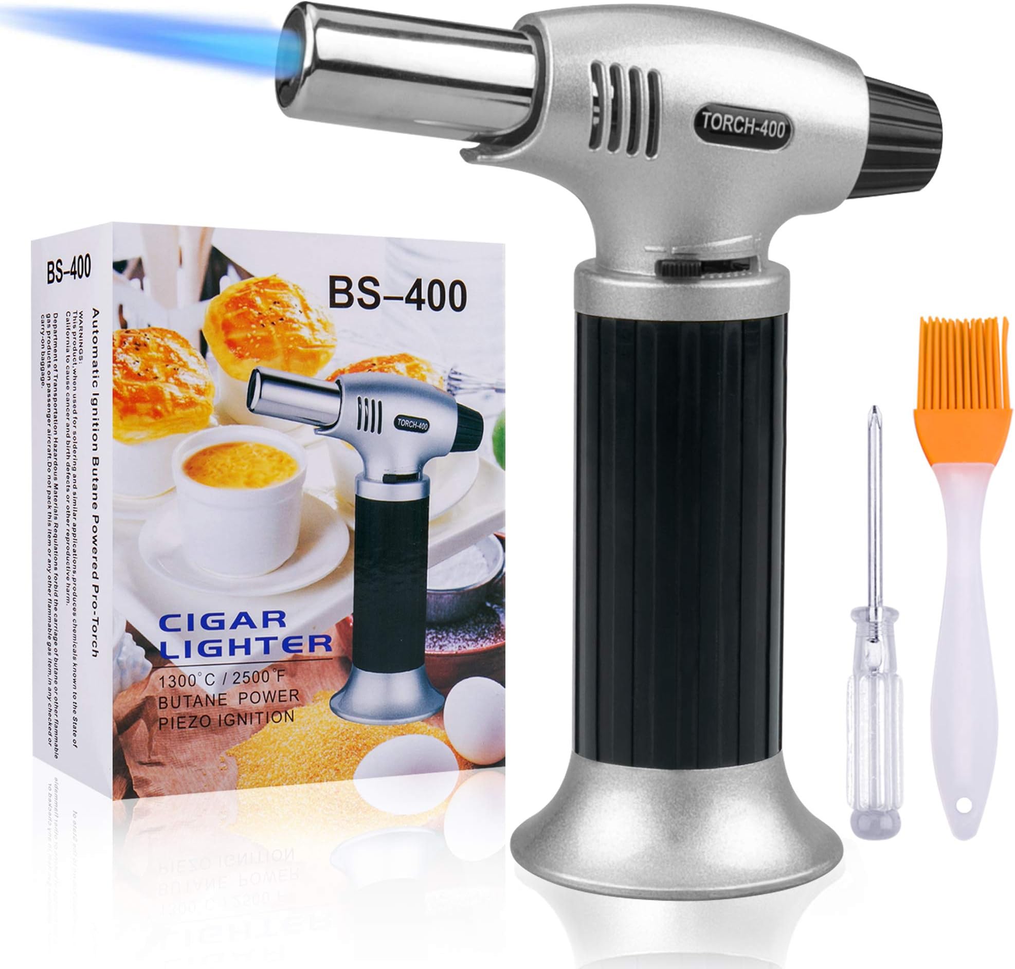Culinary Blow Torch, Tintec Chef Cooking Torch Lighter, Butane Refillable, Flame Adjustable (MAX 2500°F) with Safety Lock for Cooking, BBQ, Baking, Brulee, Creme, DIY Soldering & more (Aluminum alloy)