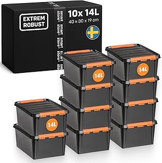 SmartStore Extrem robuste Kunststoff-Aufbewahrungsbox mit Deckel I 14 Liter I Für Garage, Regale, Umzug I 10er Set Stapelboxen mit Clipverschluss I Werkzeugaufbewahrung I BPA-frei I 40 x 30 x 19 cm