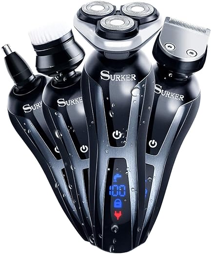 SURKER 3 in 1 Electric Cordless Waterproof USB Rechargeable Dry Wet Grooming Beard Electric Shaver Trimmer Kit with Facial