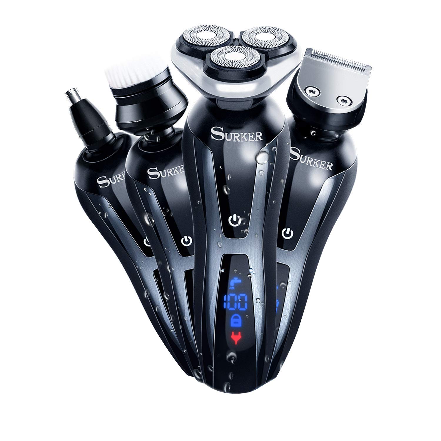 SURKER 3 in 1 Electric Cordless Waterproof USB Rechargeable Dry Wet Grooming Beard Electric Shaver Trimmer Kit with Facial Cleansing Brush for Men for Nose, Hair, Black