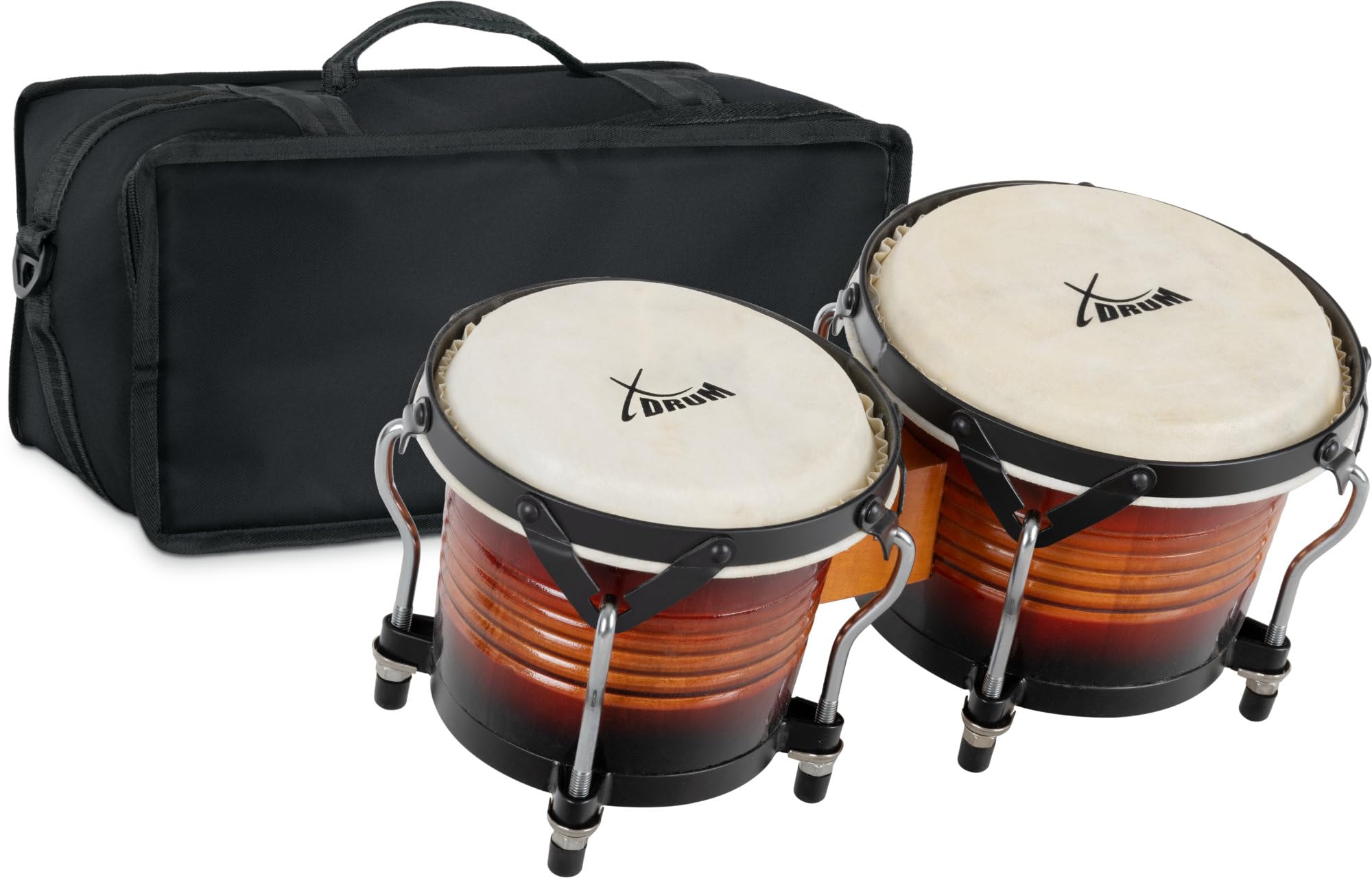 XDrum Bongos Pro Vintage Sunburst - 2 Trommeln mit 6,5" (17 cm) und 7,5" (20 cm) Durchmesser - Bongotrommeln mit stimmbaren Naturfellen, Stimmschlüssel und Tasche - Holztrommeln Rotbraun