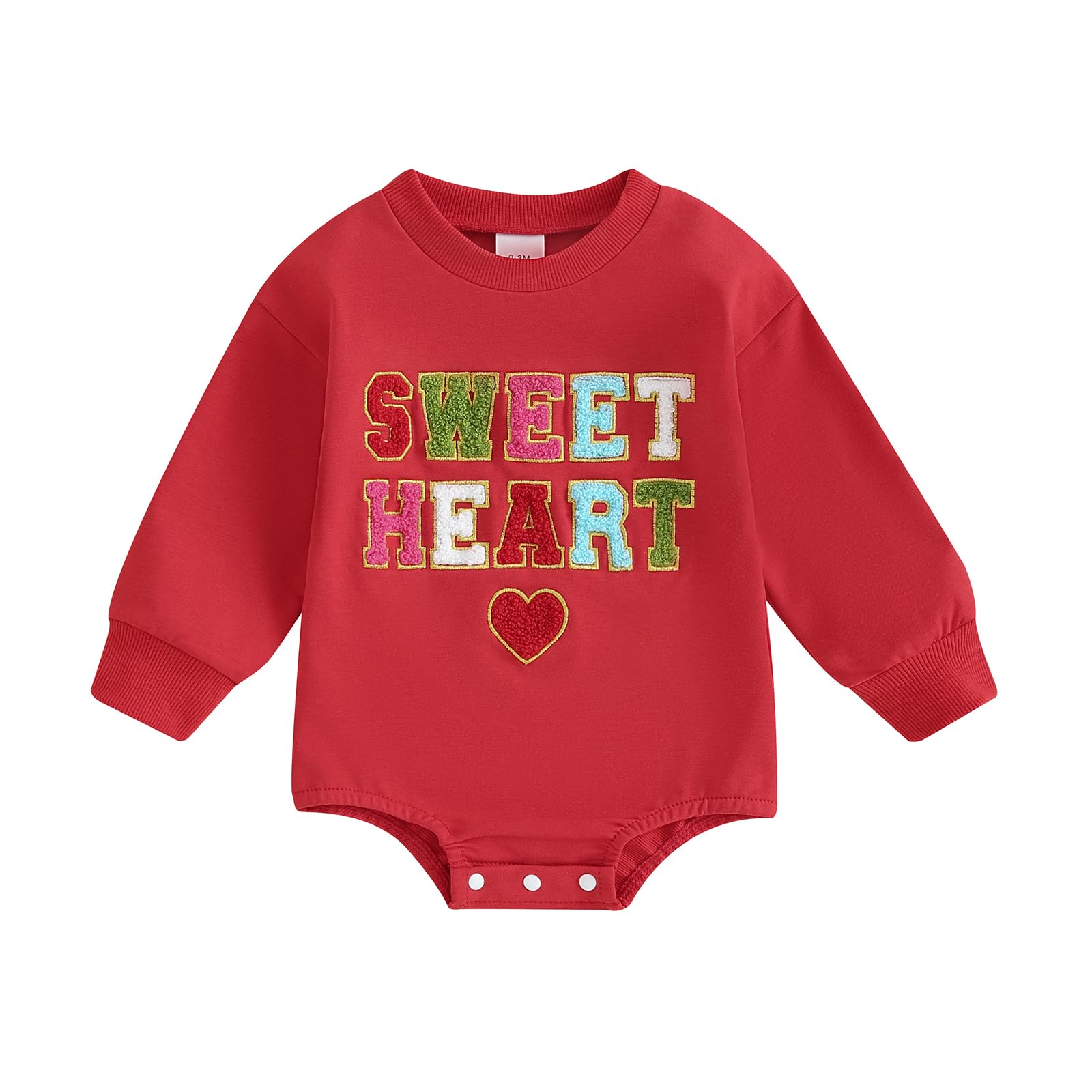 OikMombiu Infant Baby Girl Boy Valentines Day Outfit Embroidery Letter Print Sweatshirt Romper Bubble Onesie Spring Clothes(Sweet Heart Red, 6-12 Months)