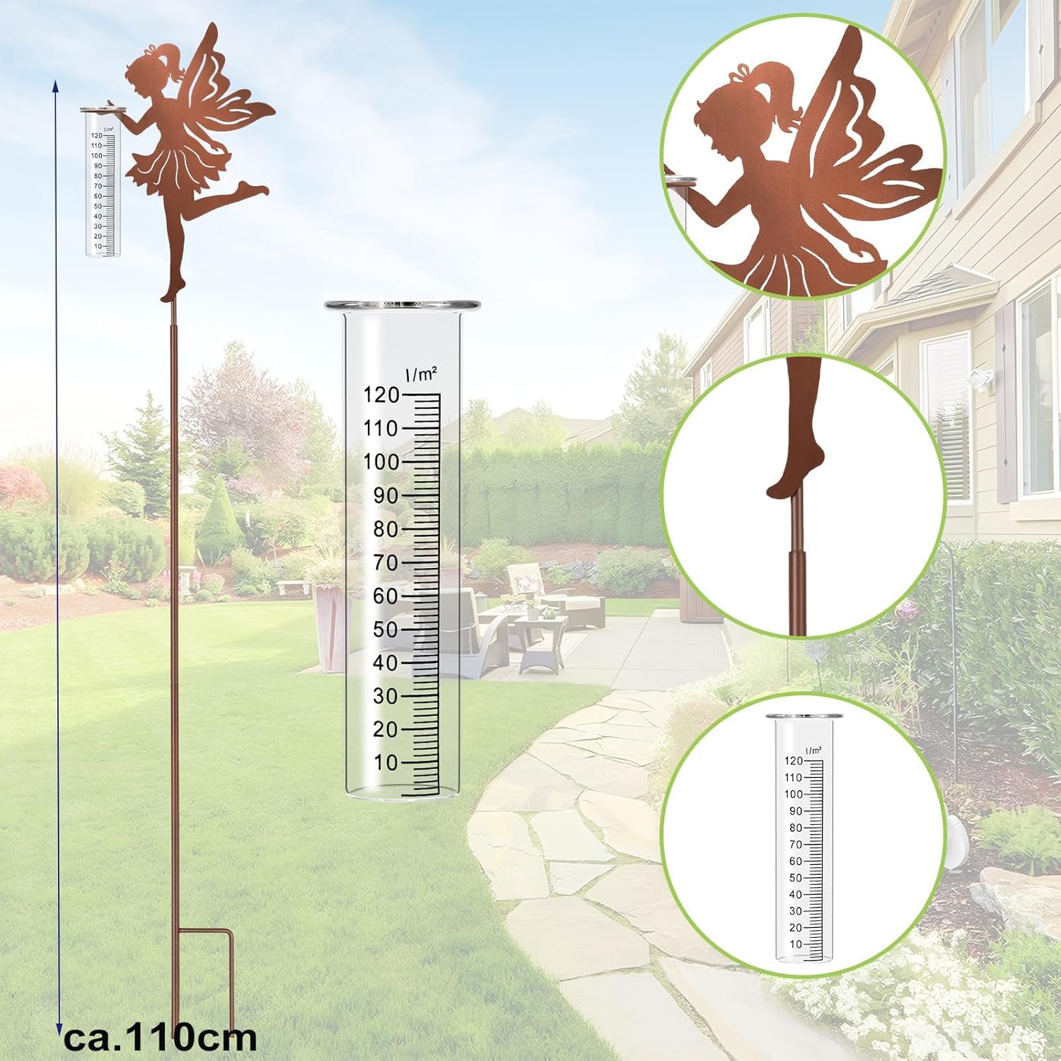 Regenmesser für Garten Niederschlagsmesser, Gartenstecker Elfe stehend Gartendeko 110cm mit stab, Regenwassermessung Rain Gauge Outdoor für Hof,Rasenweg,Durchgang,Terrasse
