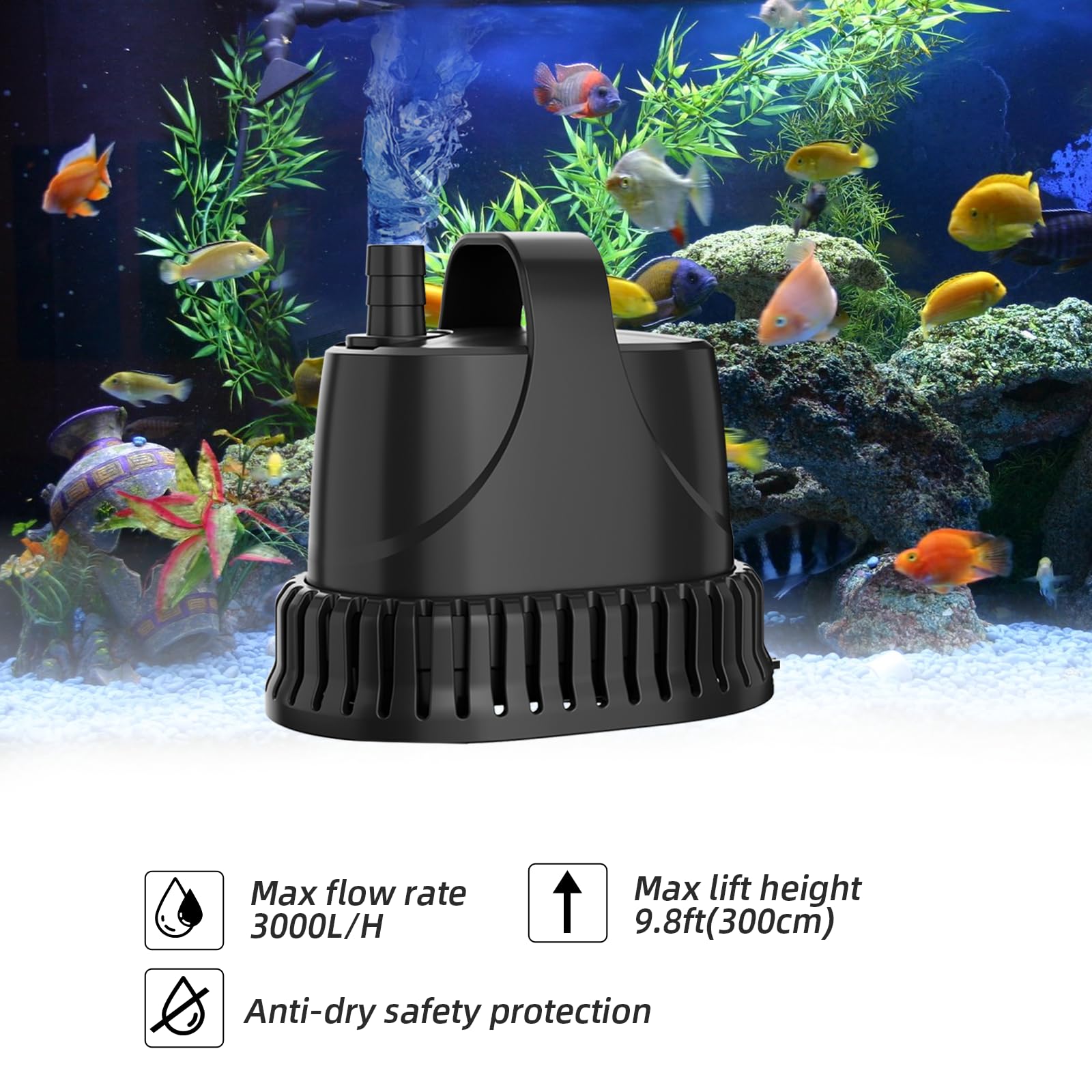 SMOOL Bomba de Agua Sumergible 3000L/H 40W, Silenciosa, Cable 3m para Acuario/Fuente/Estanque, Incluye 3 Ventosas y 3 Boquillas (19/22/25mm) (40, Vatios)