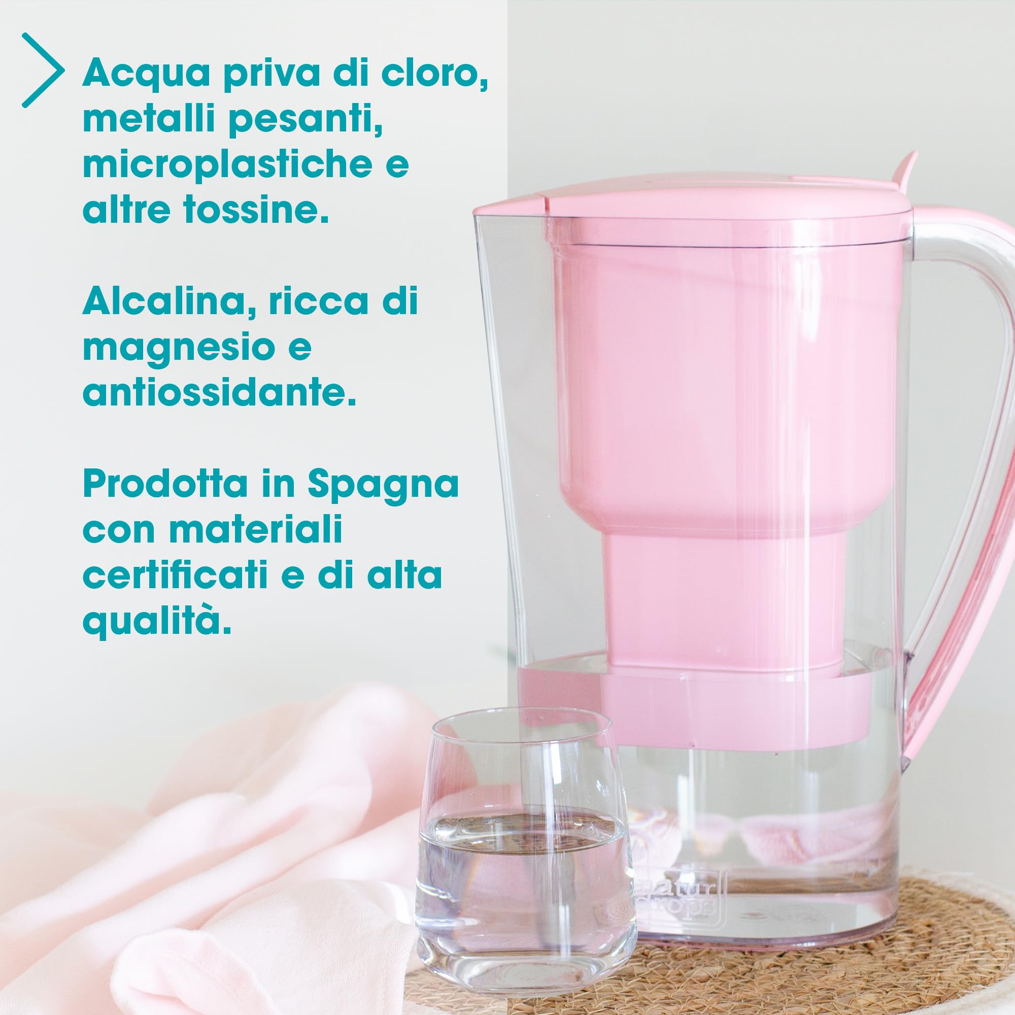 ALKANATUR Caraffa filtrante acqua Alkanatur Drops Rosa | Idrogena + ionizza + apporta magnesio | Elimina cloro + metalli + batteri | Normativa UNE 149101:2015 | Capacità 1.4L senza sostanze tossiche