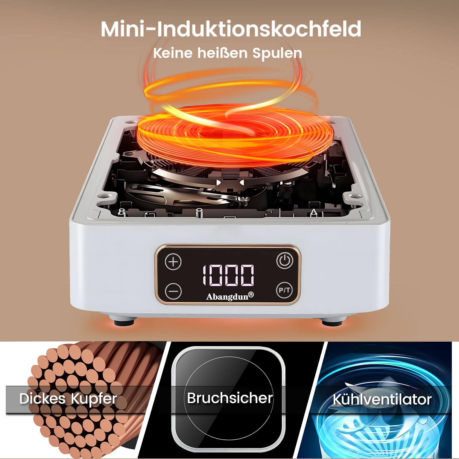 Mini piastra a induzione, 1000 W, mini piano cottura a induzione, 1 piastra, piastra a induzione con 7 livelli di potenza, 200 W-1000 Watt, piastra elettrica a induzione per rimorchi da campeggio