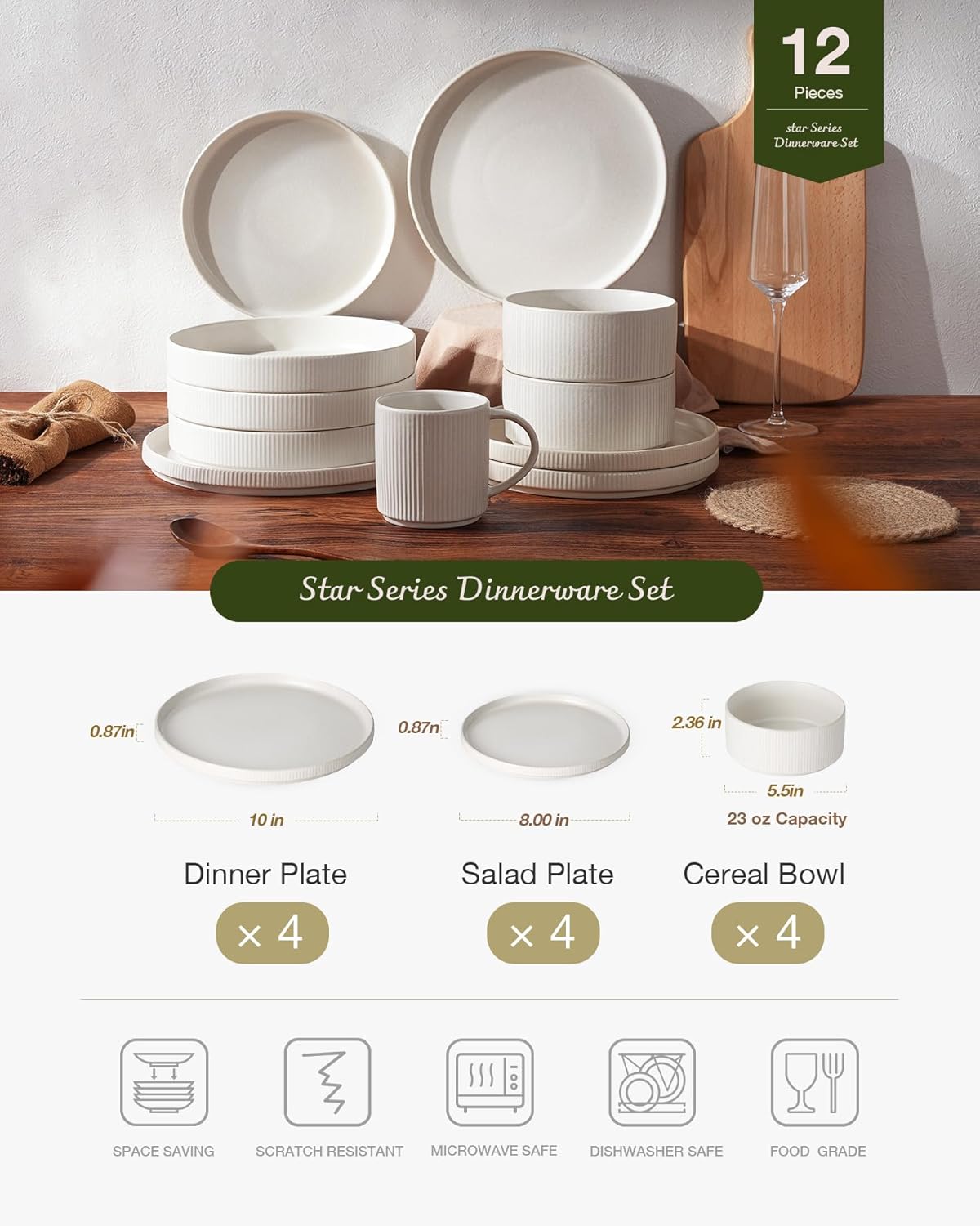 Famiware Star Dinnerware Sets, Plates and Bowls Set for 4, 12 Pieces Ribbed Dishes - Chip and Scratch Resistant, Microwave and Dishwasher Safe Tableware, Matte White