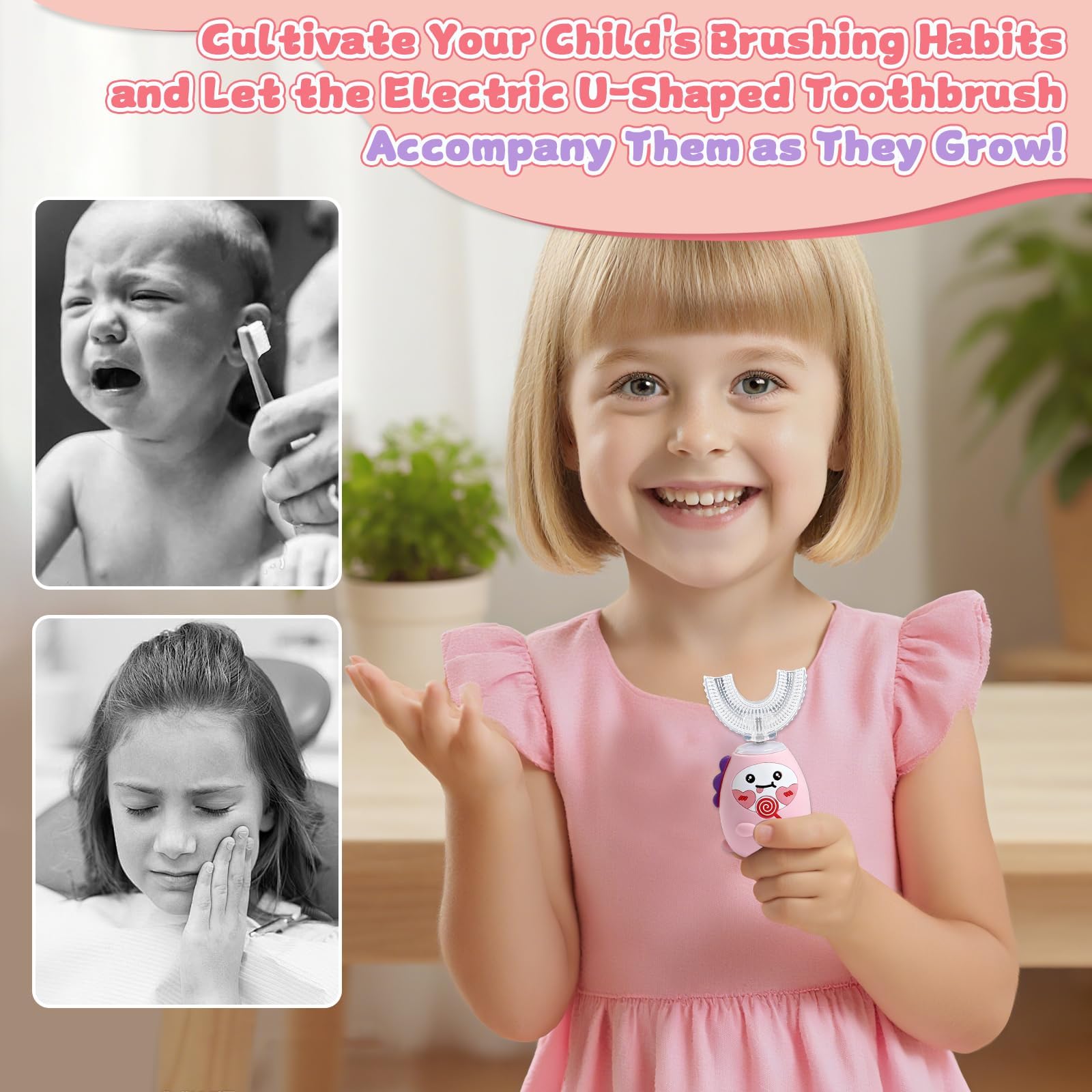 3 cepillos de dientes eléctricos en forma de U para niños, cepillo de dientes ultrasónico automático de 360º para niños pequeños y niños, cepillos de dientes sónicos recargables y accesorios con 2