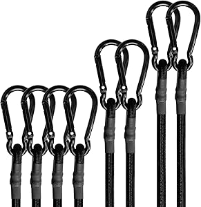 BEXSLE Bungee Cords with Carabiner Hooks Heavy Duty, Outdoor Black Bungee Straps, Strong Industrial Grade Elastic Bungee Rope for Securing Tarps, Luggage, Tents，Bikes, 12in + 24in + 48in，8pcs