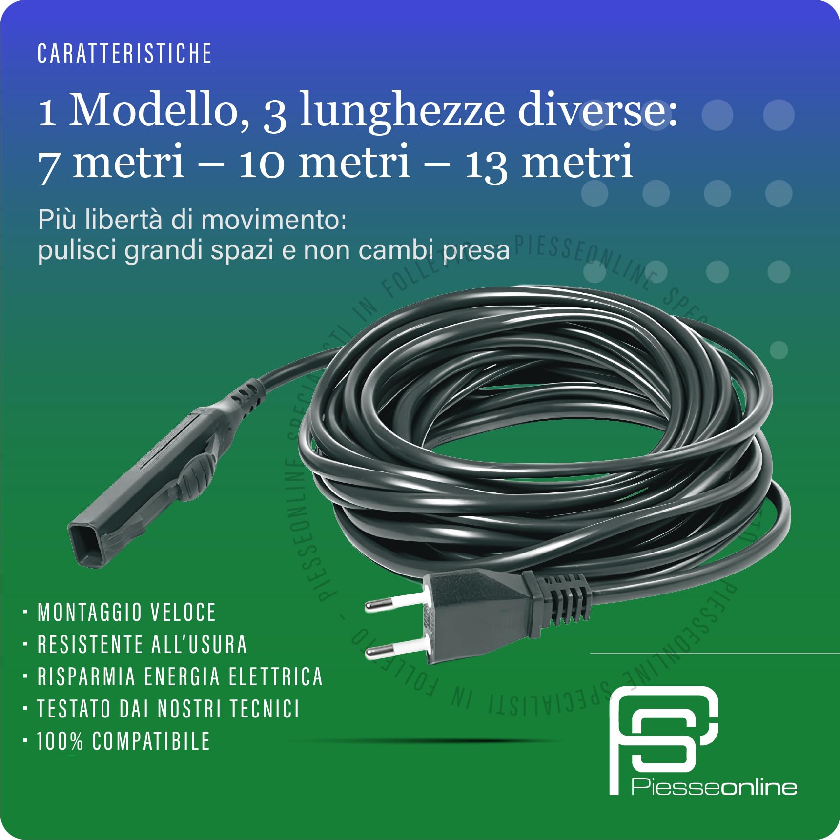 PIESSEONLINE - Cavo di Ricambio per Folletto VK 150 – Cavo Alimentazione Aspirapolvere da 7 Metri – Compatibile, Resistente e Facile da Installare con Spina Italiana, Grigio