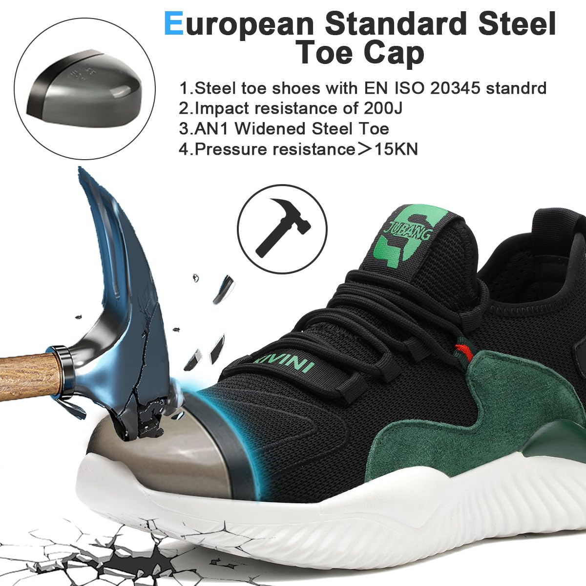 Męskie buty ochronne, damskie, buty robocze ze stalowym noskiem, lekkie, oddychające, stylowe, trekkingowe, czarny, zielony, 37 EU