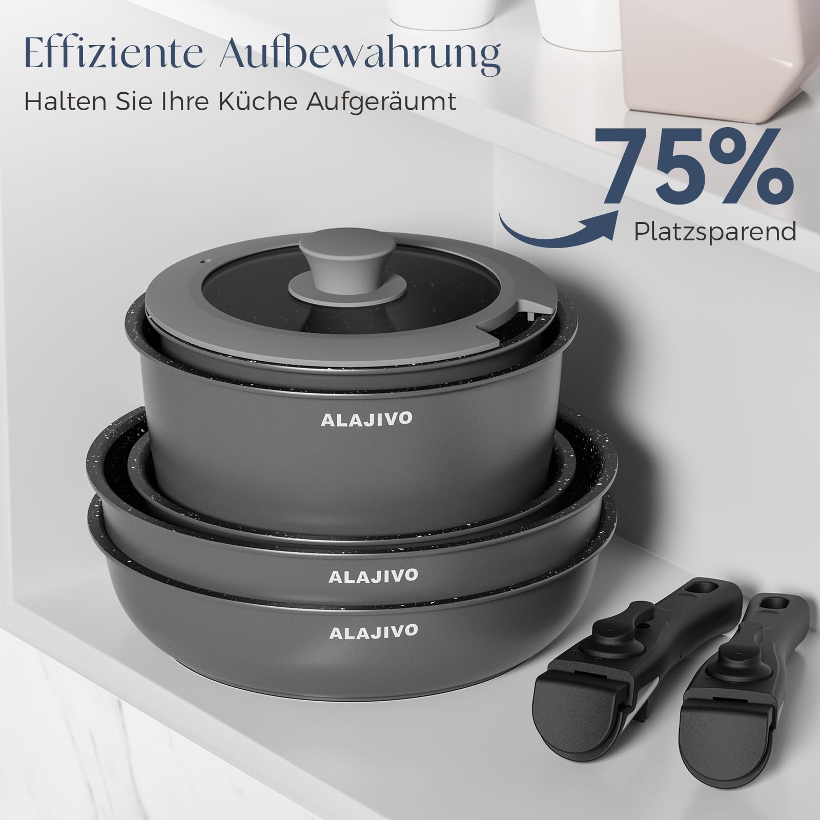 Topfset mit Abnehmbarer Griff, 17-Teilig Topfsets Pfannenset mit Antihaft Beschichtet, Topfset Induktion Kochtopf Set mit Deckel, für Alle Herdarten, Backofenfest, Ofenfest (grau)