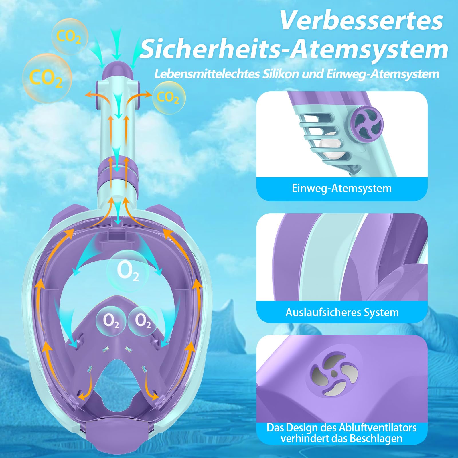 X99 Schnorchelmaske Vollmaske,180-Grad-Sicht Anti-Fog Tauchmaske mit Sportkameras Kompatible, Taucherbrille für Kinder