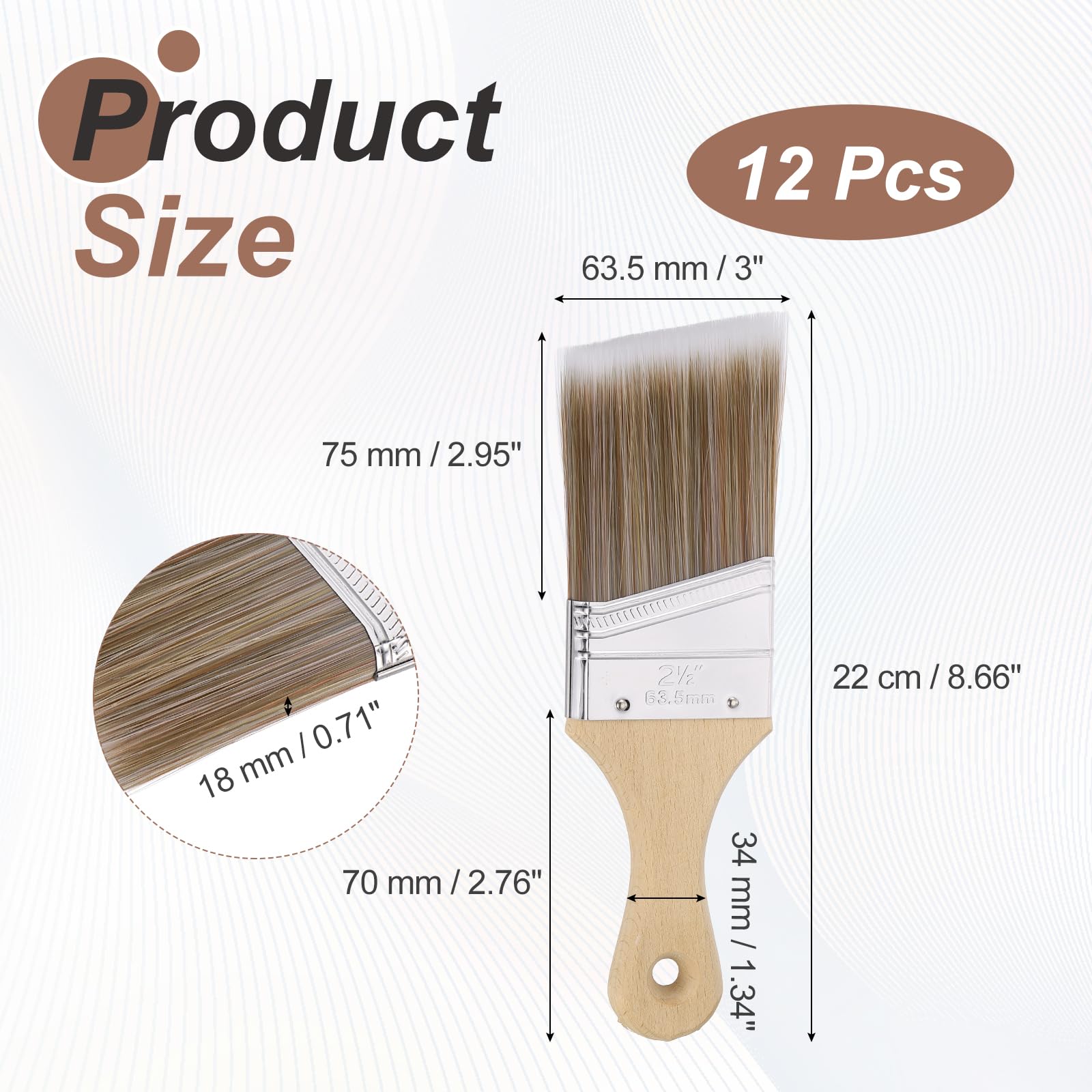 QUARKZMAN 12 Pz Pennelli Da Pittura 3" 8.7" Lunghezza Angolo Setole Sintetiche PET Con Manico In Legno Senza Scheggiatura Strumento Per Pittura A Latex E Vernici Ad Olio Colore Grigio