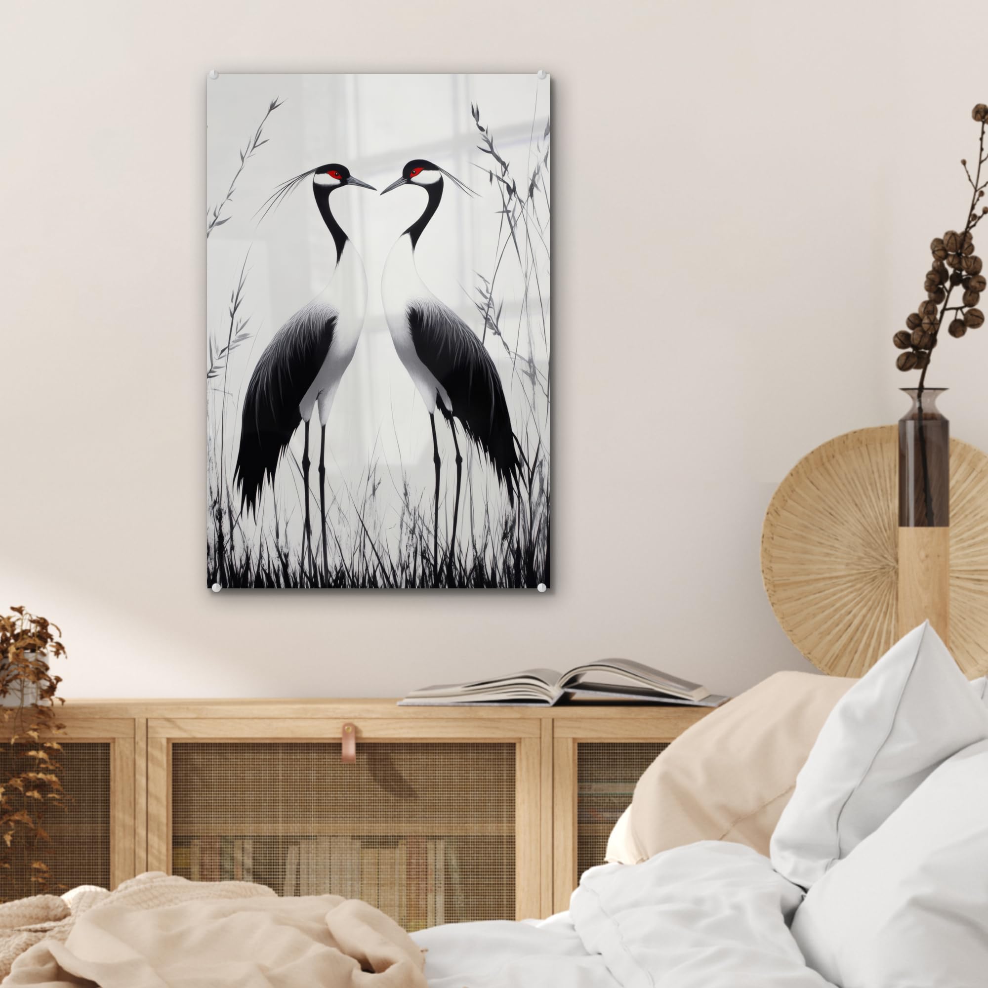 MuchoWow© Quadri Grande Formato 40x60 cm Mini Poster Parete Moderno Interno Stampa Foto Su Vetro Salotto Cornice Murale Arredamento Gru - Erba - A Forma Di Cuore - Nero