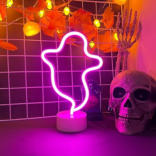 Miniatura 4 de Letrero de neón de fantasma con base, letrero de luz LED de fantasma de Halloween, lámpara con forma de fantasma con batería o alimentación USB para