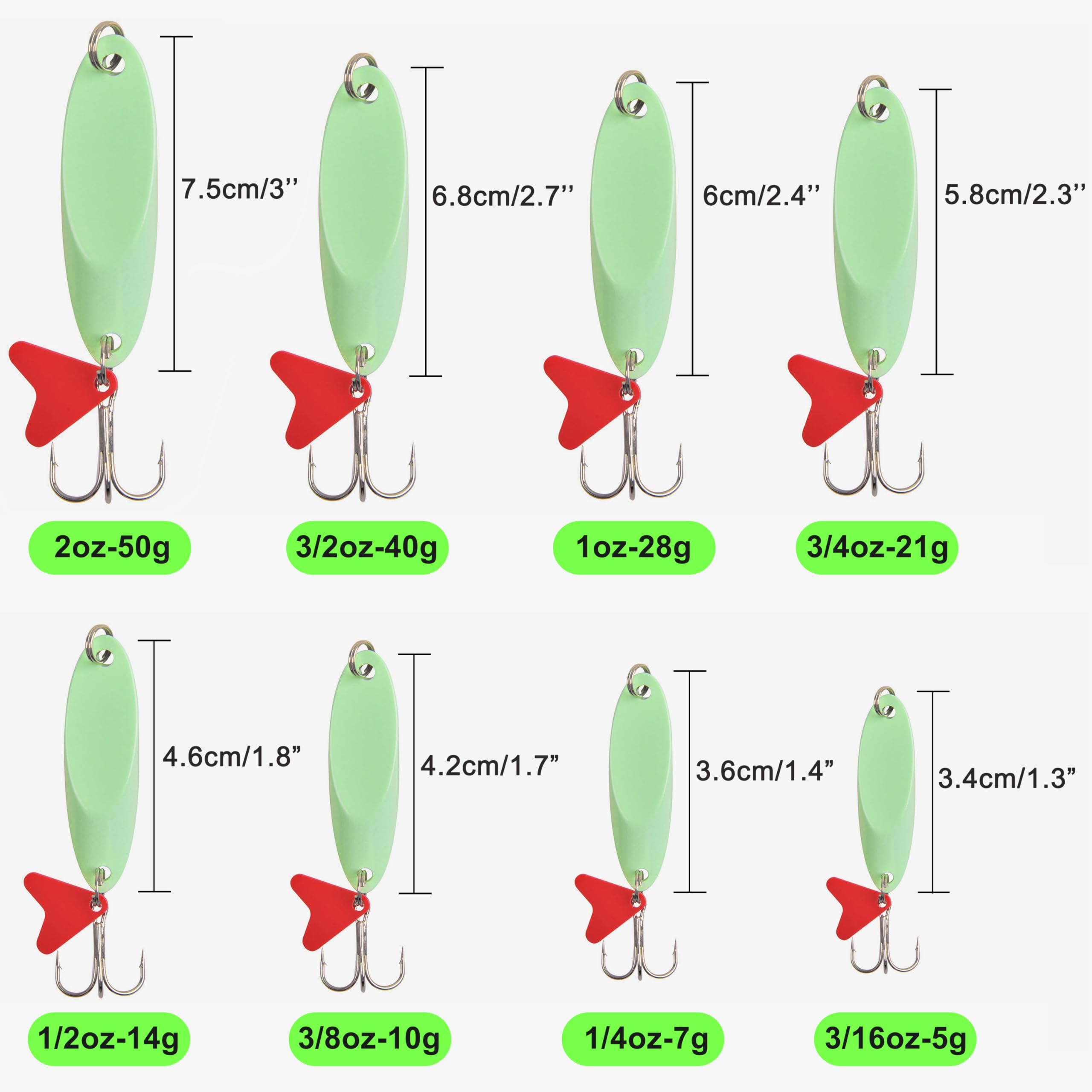 OROOTL Cuillère de pêche en métal lumineux, 10 pièces/8 pièces leurres de pêche en métal avec hameçons triples et pièce en plastique rouge, cuillère en métal dur appâts de pêche, 50g-10pcs