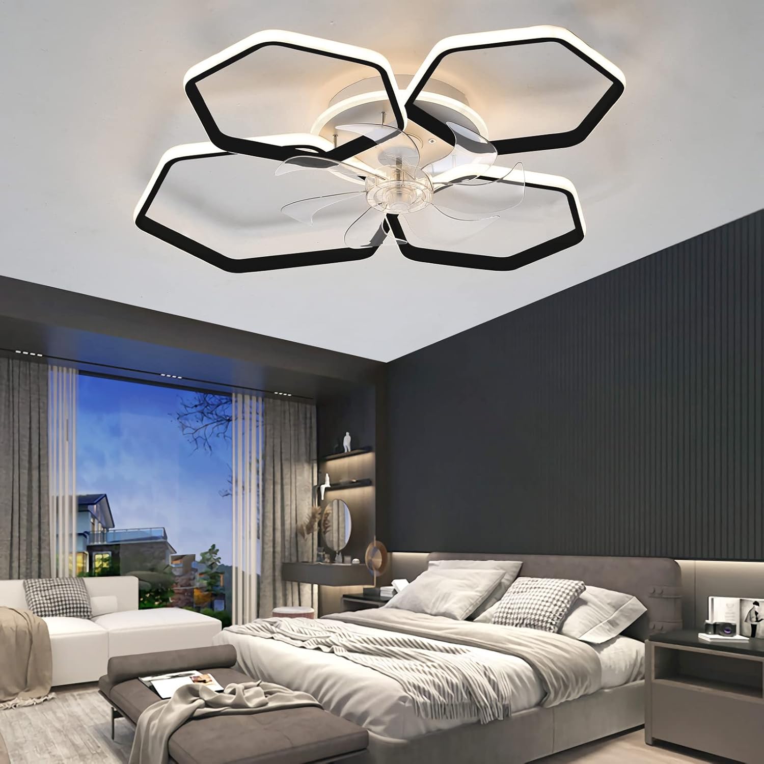 YUEGOO Ceiling Fans with Lamps,6 Speed Timer Quiet Ceiling Fan Chandelier Led Dimmable Modern Ceiling Fans with Lights and Remote App for Living Room Bedroom Office/a/77Cm-Black