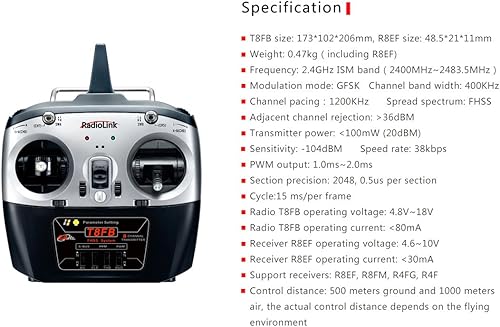 Miniatura 9 de Radiolink T8FB 2.4GHz 8Ch Transmisor RC con receptor R8EF para DIY RC Racing Quadcopter Drone (Modo 2 Acelerador de mano izquierda)