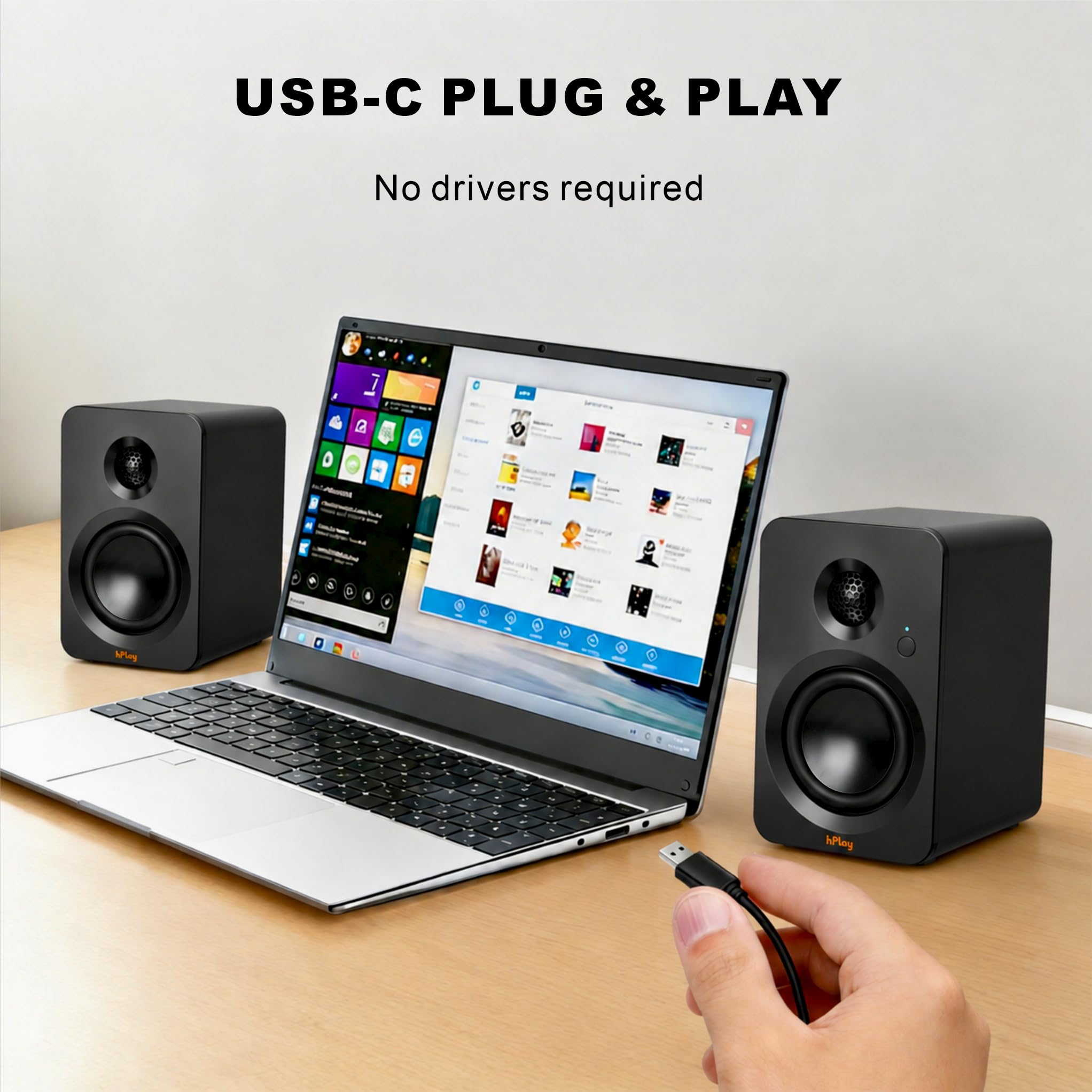 hPlay Enceintes Actives BS32B, 60W RMS, pour PC, avec Bluetooth 5.3, Connexion USB-C Plug & Play, Carte Son, Sortie subwoofer, télécommande et Design Compact – Noir