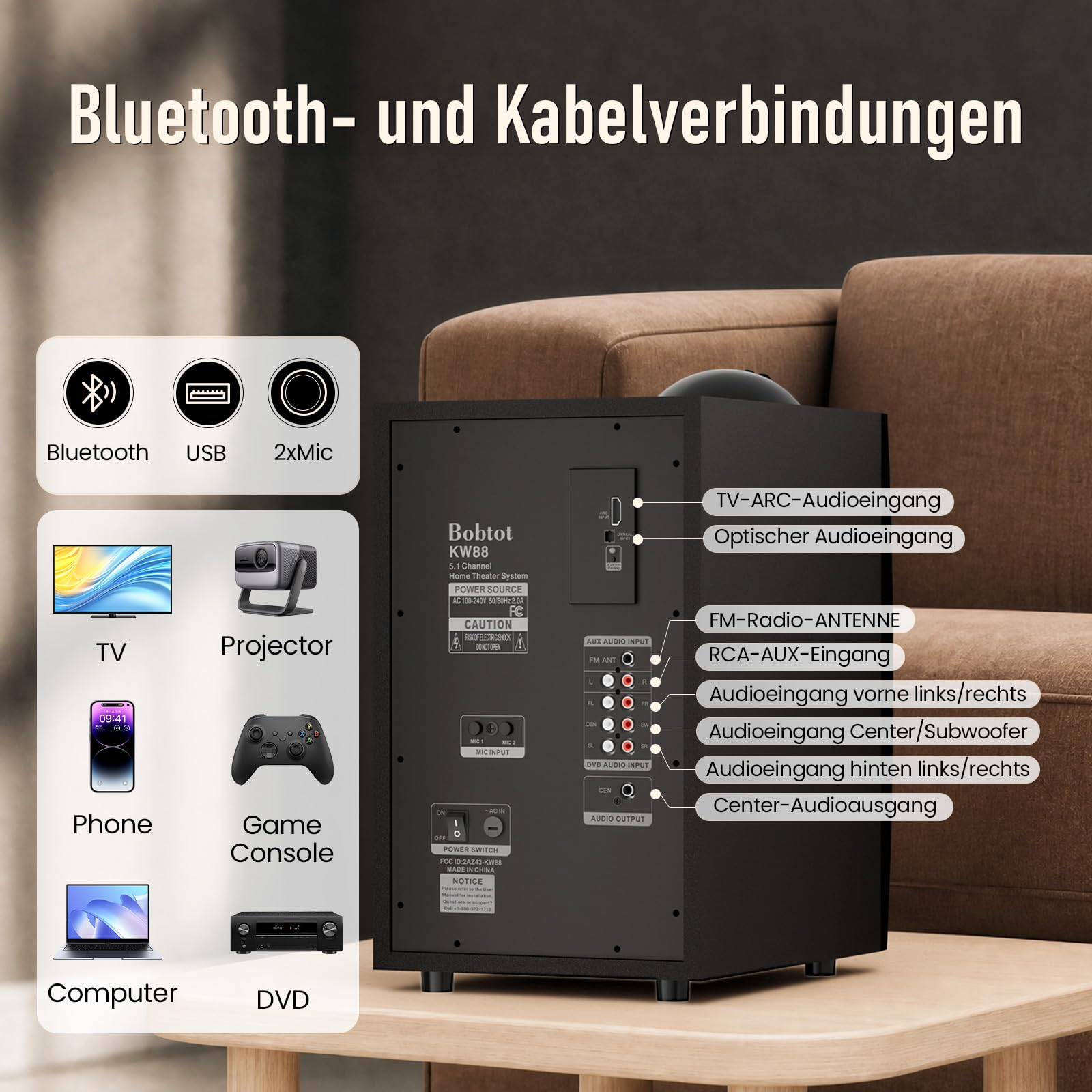 Bobtot Kabelloses Surround Sound System für Heimkino, 1000 W Surround-Lautsprecher, 8-Zoll-Subwoofer, 5.1/2.1-Kanal-System mit tiefen Bässen US-auf-EU-Steckeradapter im Lieferumfang enthalten