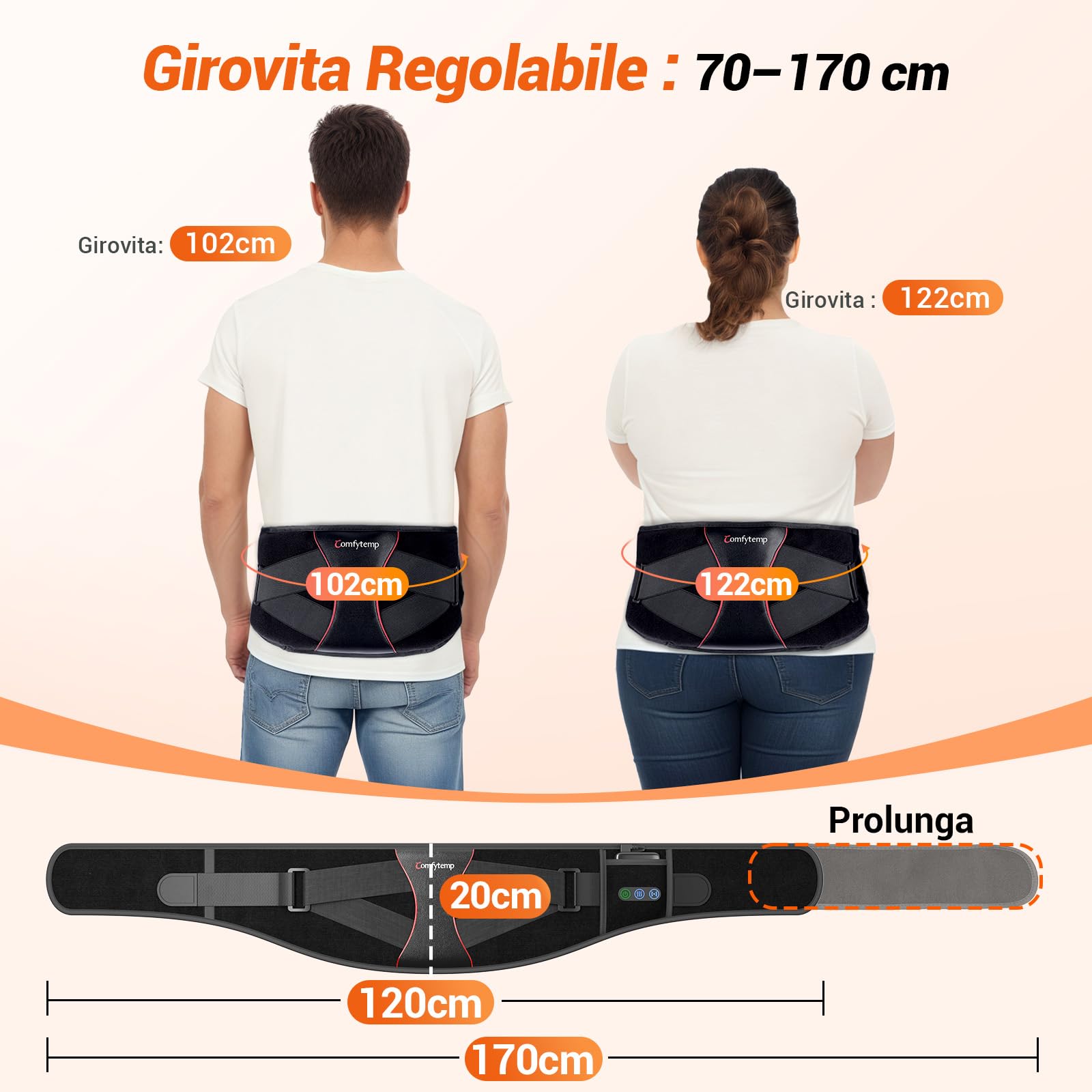 Comfytemp 170cm Fascia Lombare Riscaldante Wireless, Struttura Ergonomica, 3 Livelli di Temperatura, 3 Intensità, 3 Vibrazione, Scalda Schiena Elettrico Semplicissimo da Usare, Regalo per i Genitori