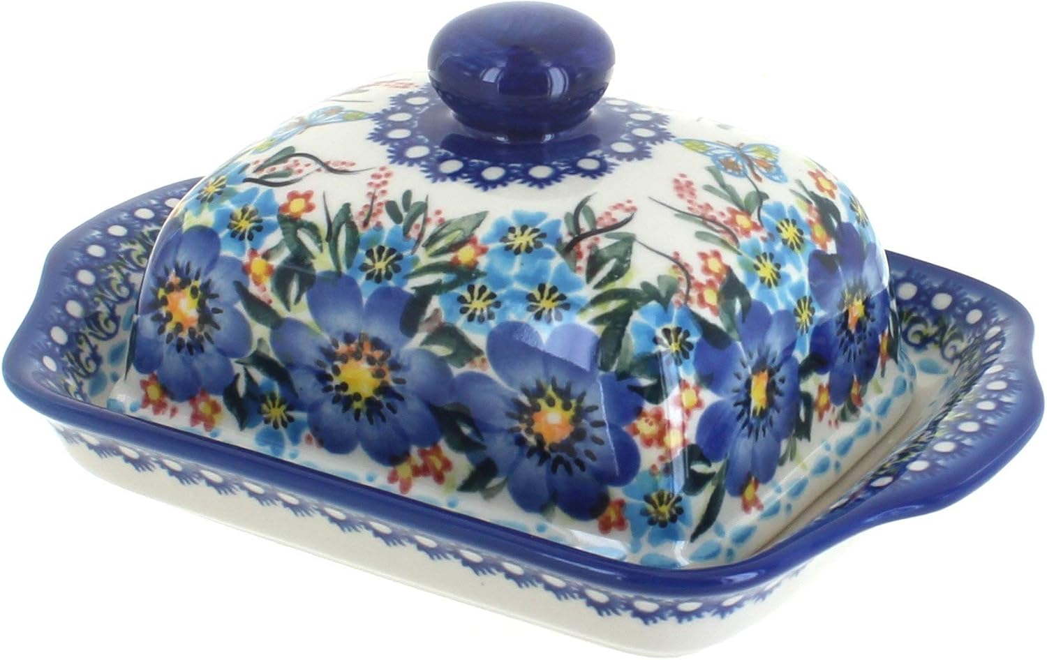 Blue Rose Polish Pottery - Garden of Blue Square Butter Dish - Fits 1 Stick - Butter Dish for Countertop Organization and Storage