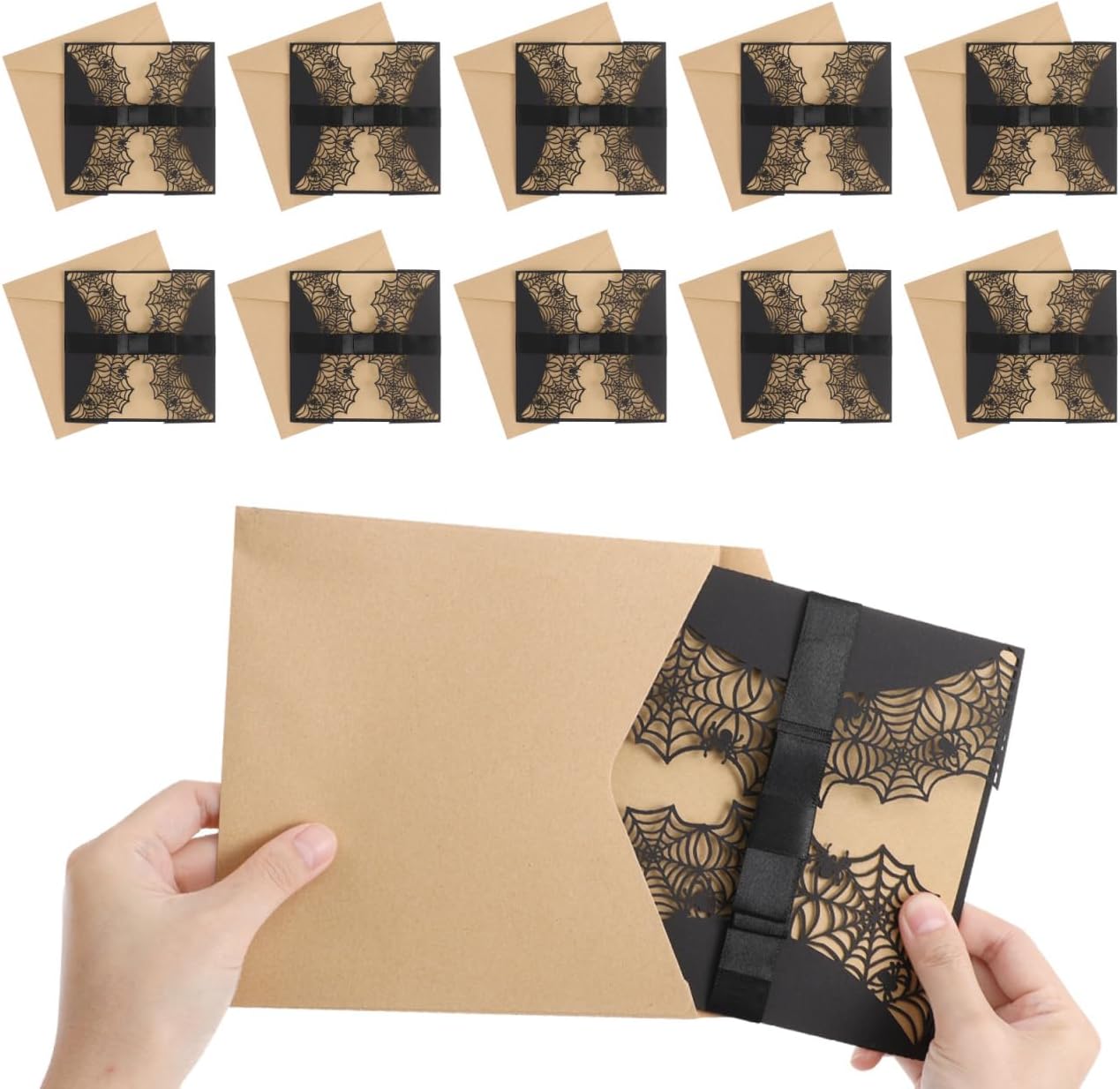 Housoutil Halloween Invitation Card, 10PCS Cut Spiderweb Design Invitations Cards with Bowknot, Black Pearl Paper Invites for Horror Party, Wedding Gothic Events