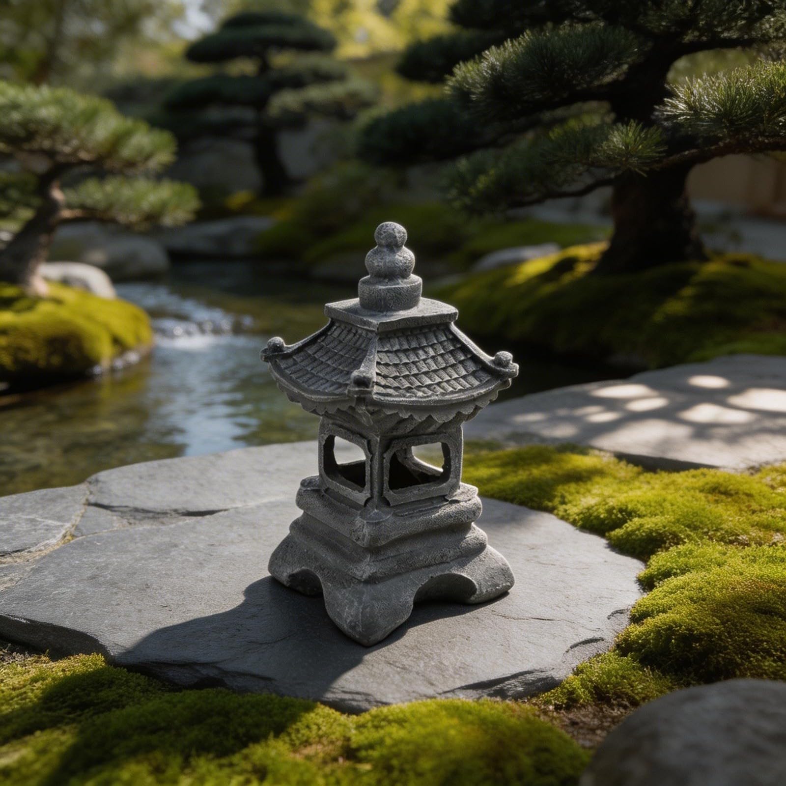KiraKira Szara Polyresin solarna latarnia pagodowa, japońska statuetka ogrodowa zen ze zintegrowanym oświetleniem LED, do kompaktowej dekoracji na zewnątrz na patio (B)