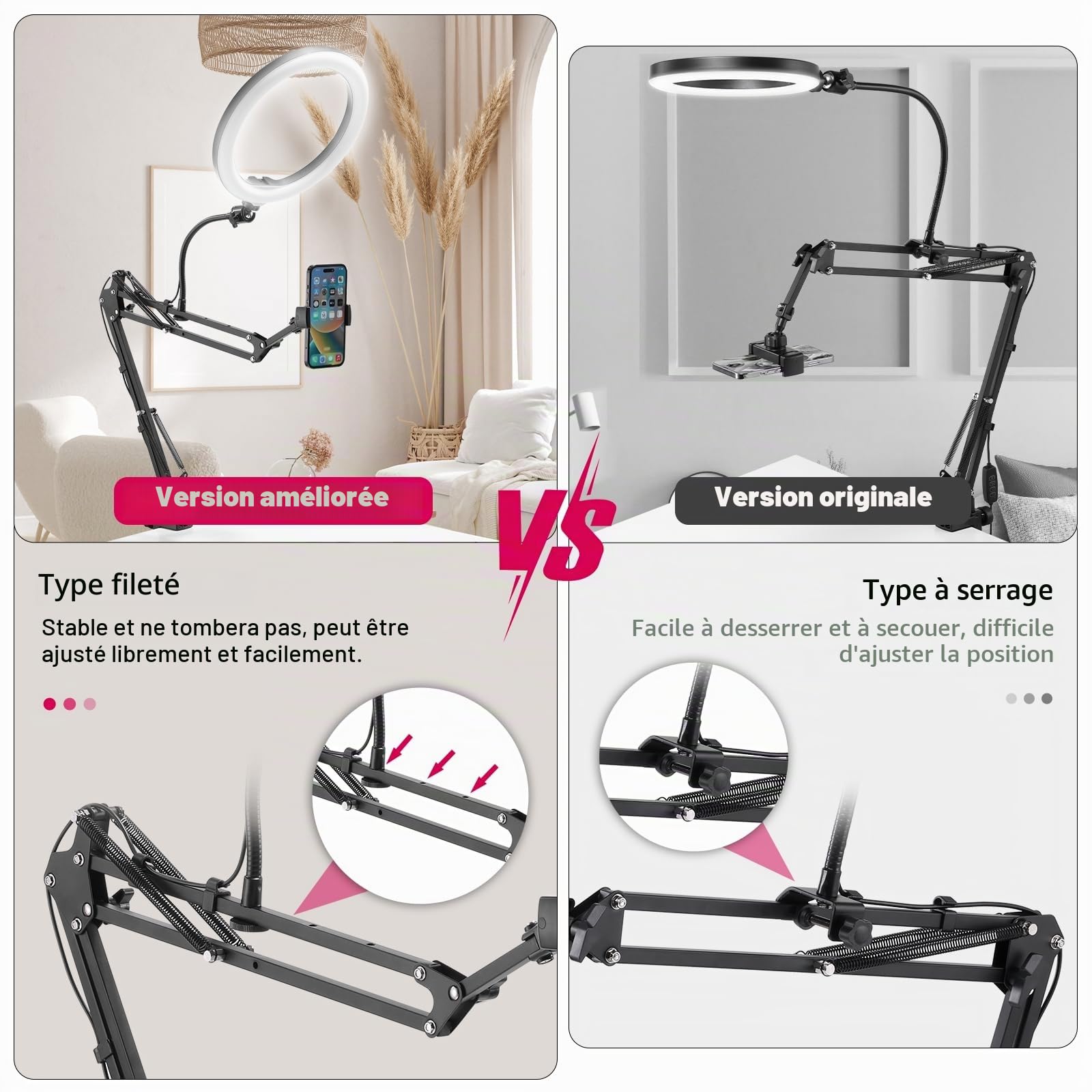 Ring Light avec Support de Téléphone, ULANZI 10“ Anneau Lumineux avec Bras Articulé Telephone, 3 Températures de Couleur(3000-6000k), 10 Luminosités Lampe Annulaire Réglable (Noirs)