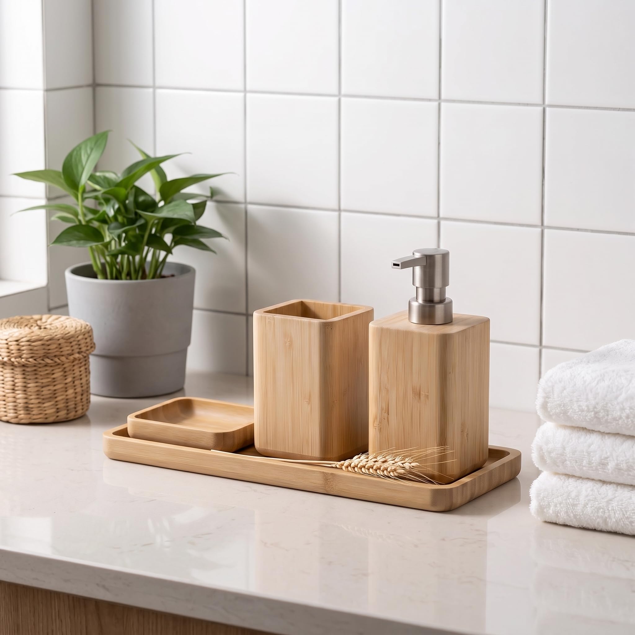 Set di accessori da bagno in bambù naturale con dispenser di sapone, portaspazzolino e portasapone e vassoio, realizzato a mano, design impermeabile
