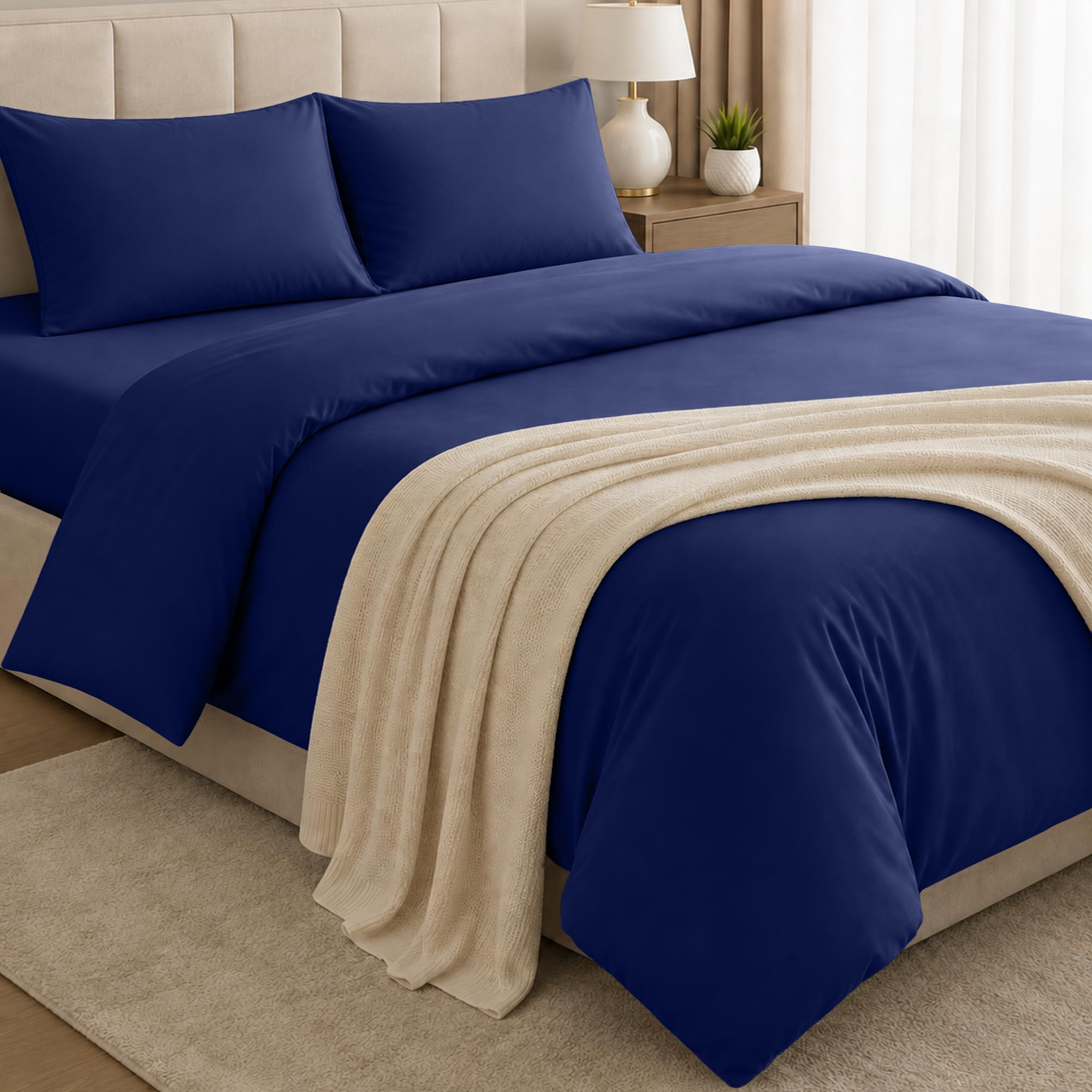 BEDIO Navy (4 Piece) Super King Bedding Set - Duvet Cover, Fitted Sheet with 2 Pillow cases - Soft Brushed Microfiber Set