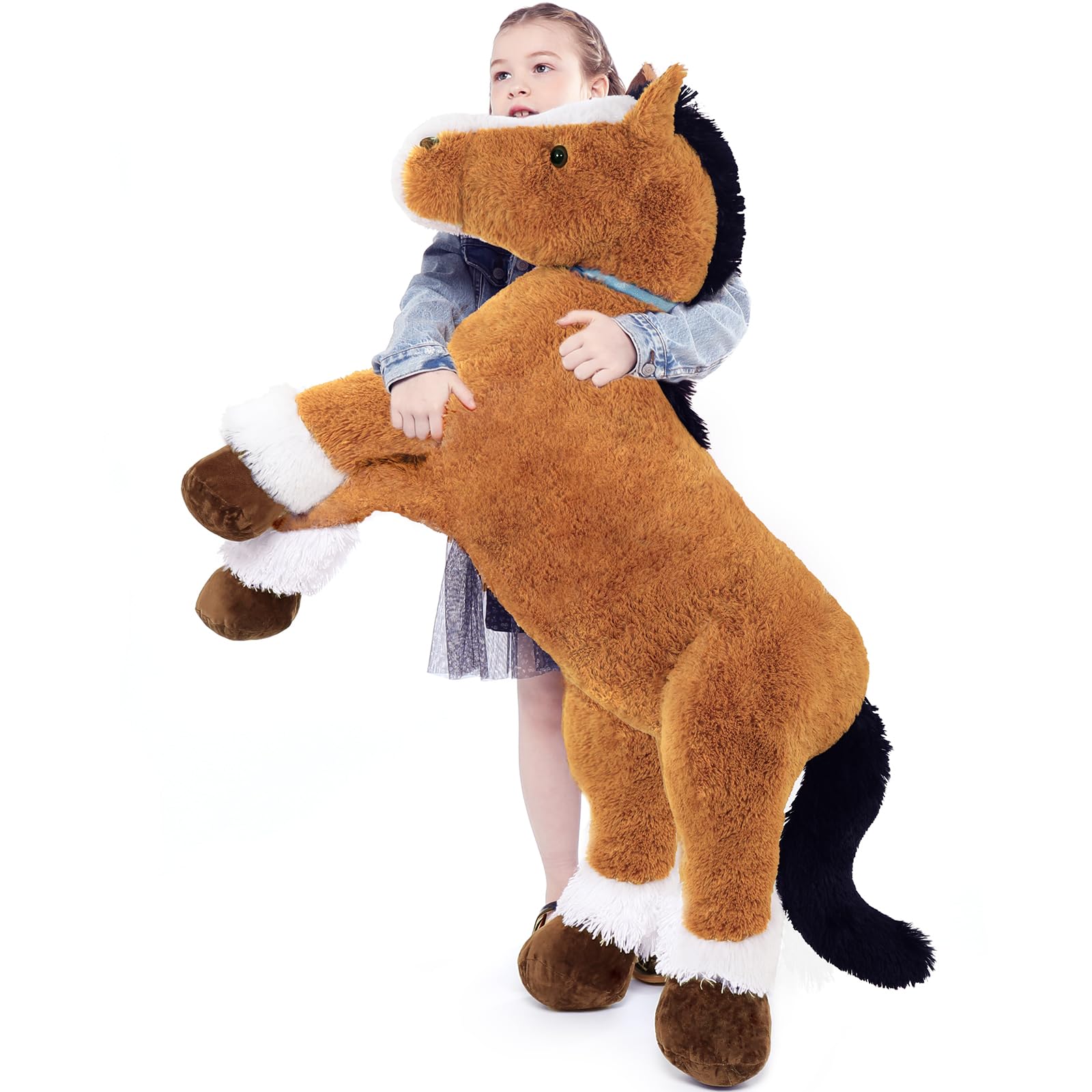 MorisMos Giant Horse Teddy Soft Toy, 120cm Big Brown Horse Stuffed Animal Kawaii Large Pony Plush Cuddly Toy, XXL Fluffy Horses Gift for Kids Birthday Christmas Deco